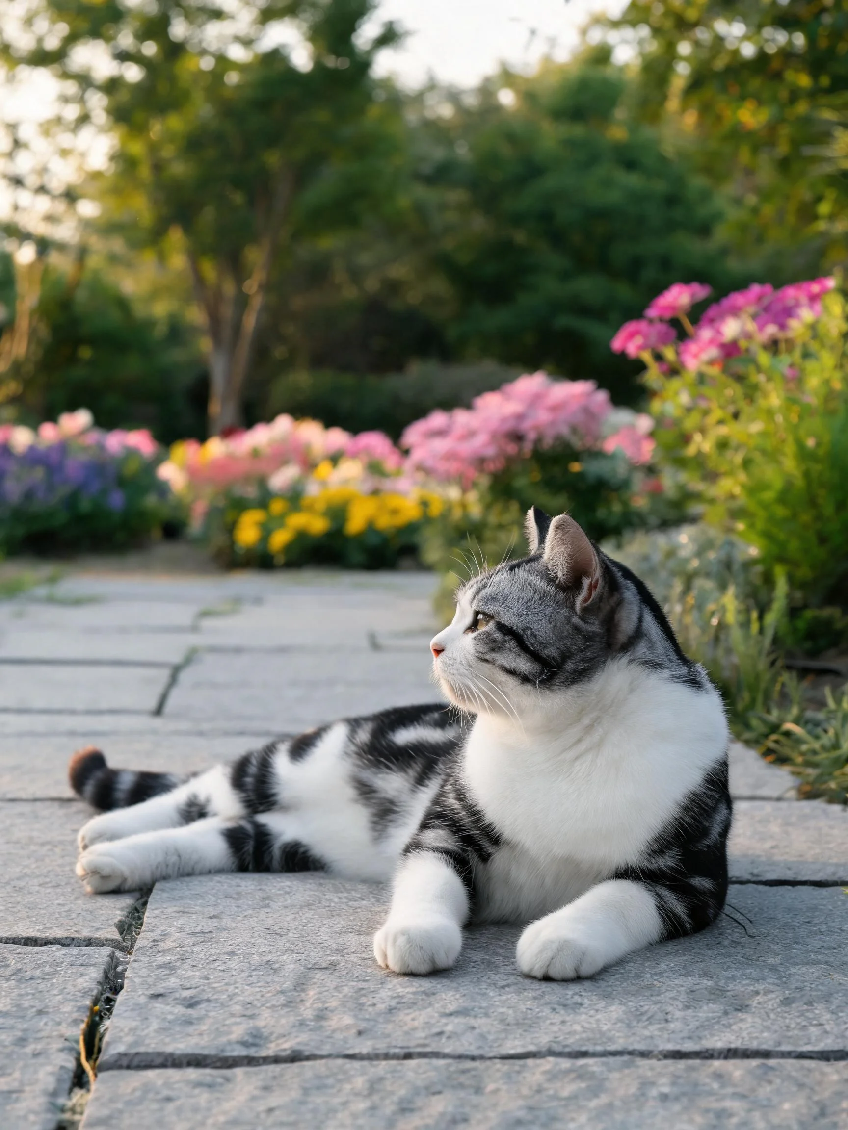 灰白玳瑁短毛猫安静趴卧在石板路上,白色前爪与带黑纹的躯干形成鲜明对比。