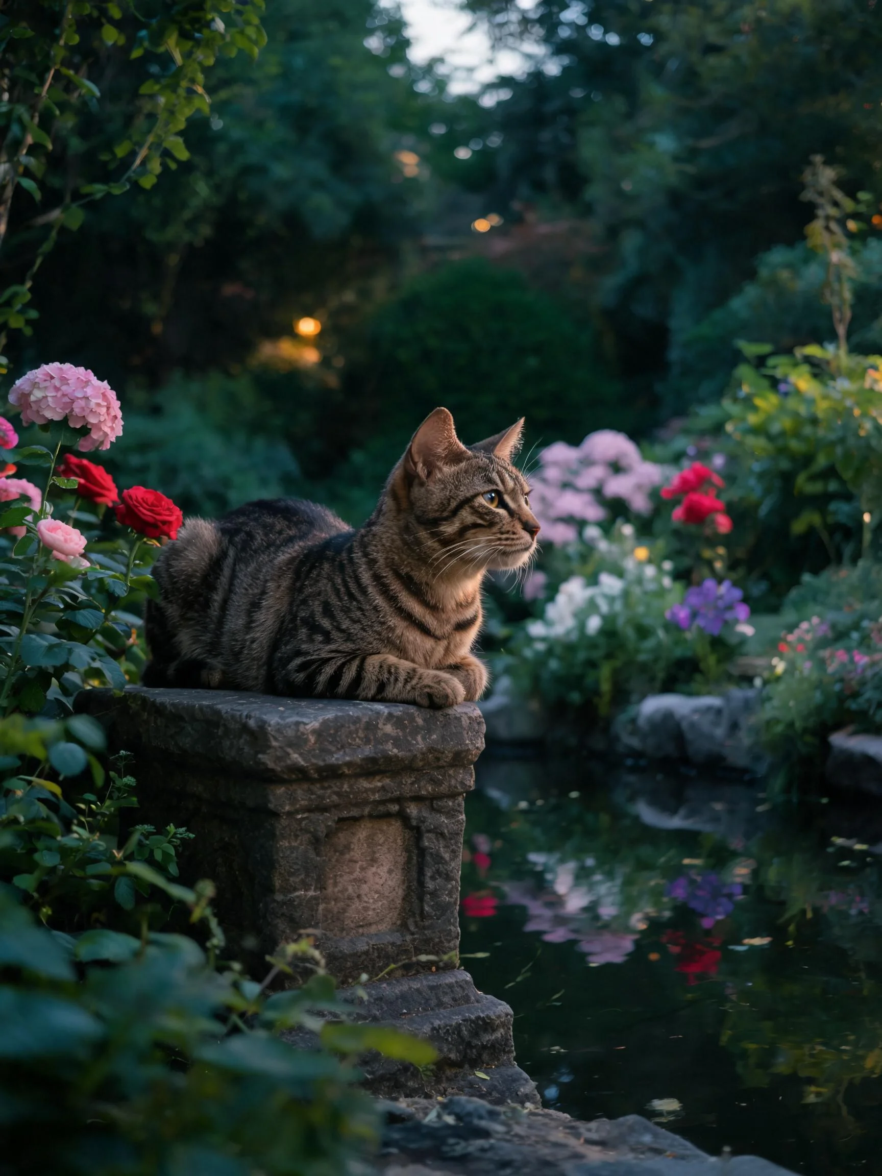 虎斑短毛猫安静趴卧在水池边石质结构上，皮毛带有典型虎斑纹理，周围繁花环绕，环境。