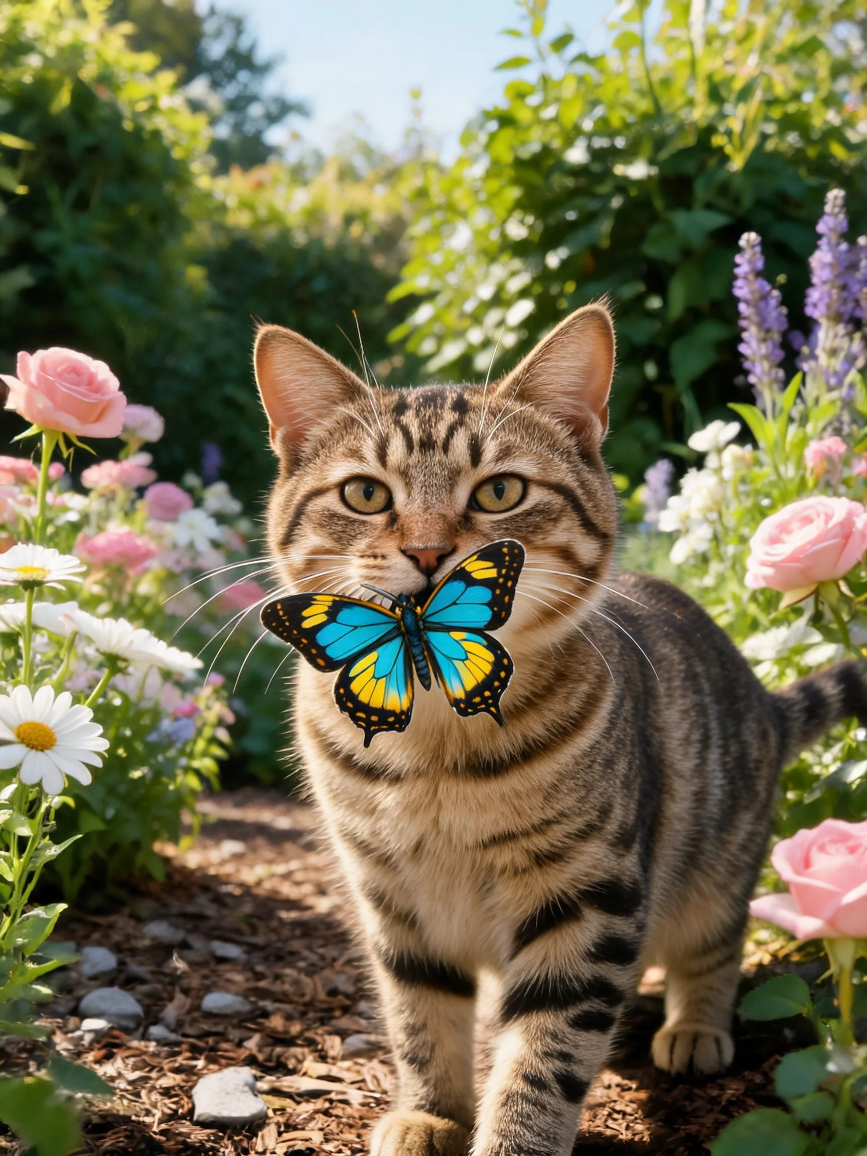 短毛虎斑猫嘴部轻触蓝色蝴蝶,皮毛呈典型虎斑纹理,周围环绕多种花卉。