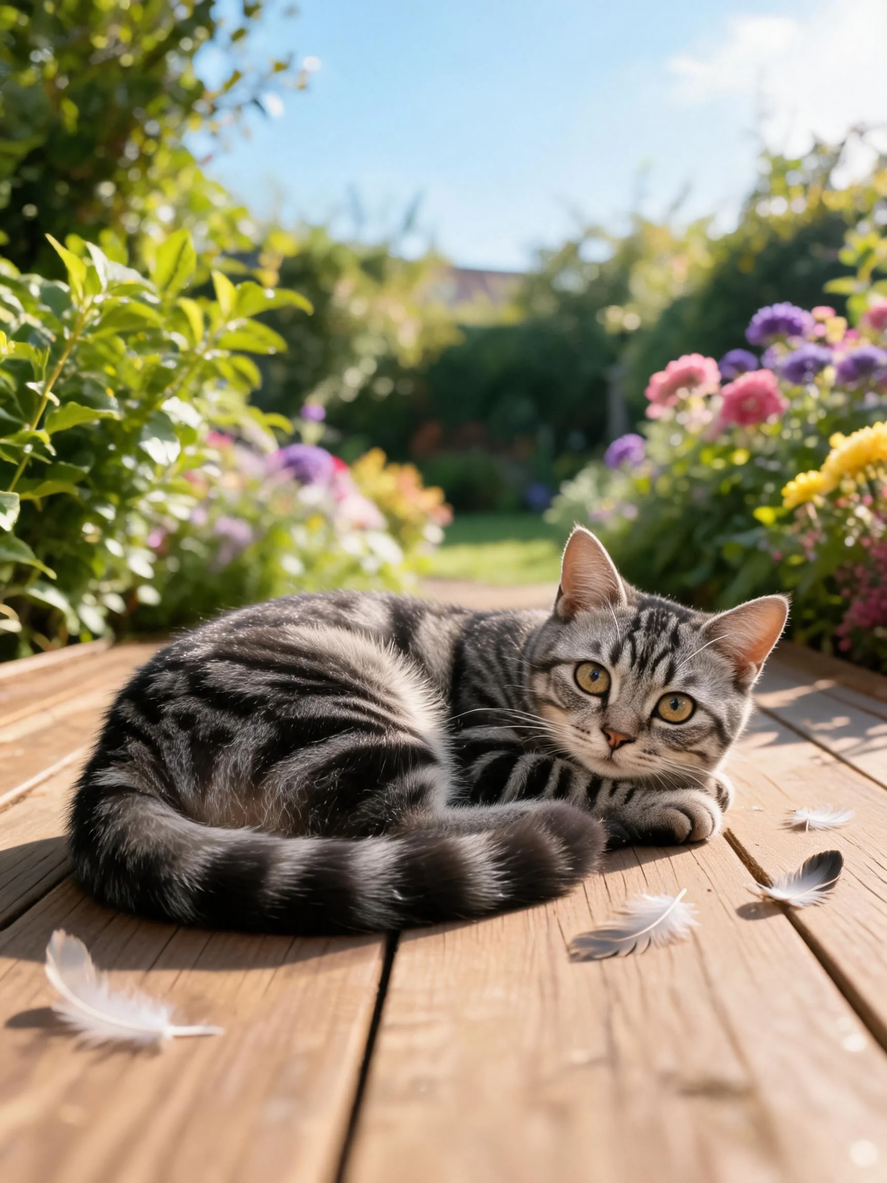 一只玳瑁斑纹短毛猫正趴在木质平台上,周围散落着羽毛,它有着清晰的条纹毛发和明亮的眼睛。