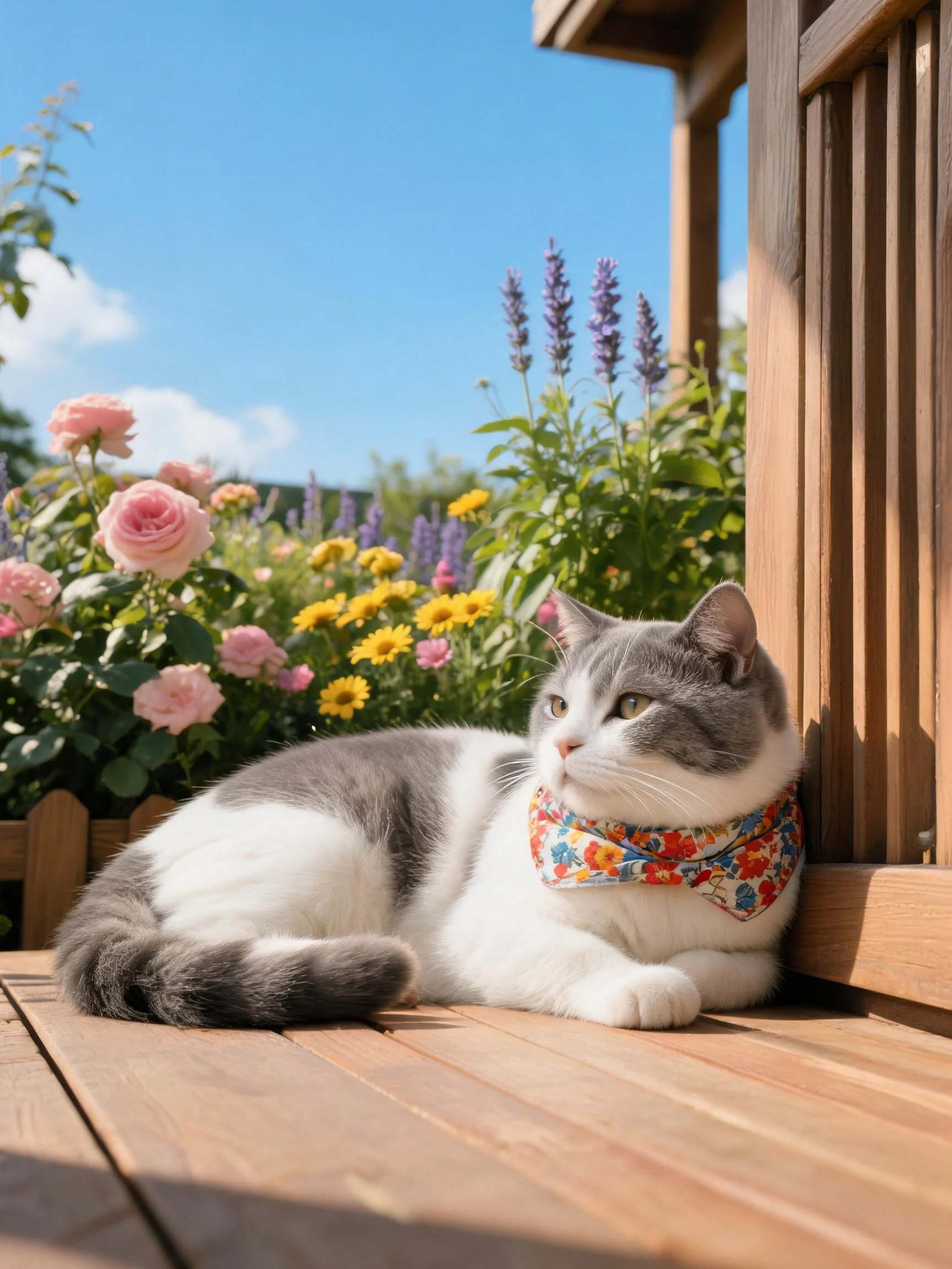 灰白相间的短毛家猫戴着彩色花卉图案布饰趴在木质平台上，周围是色彩丰富的花卉景观。