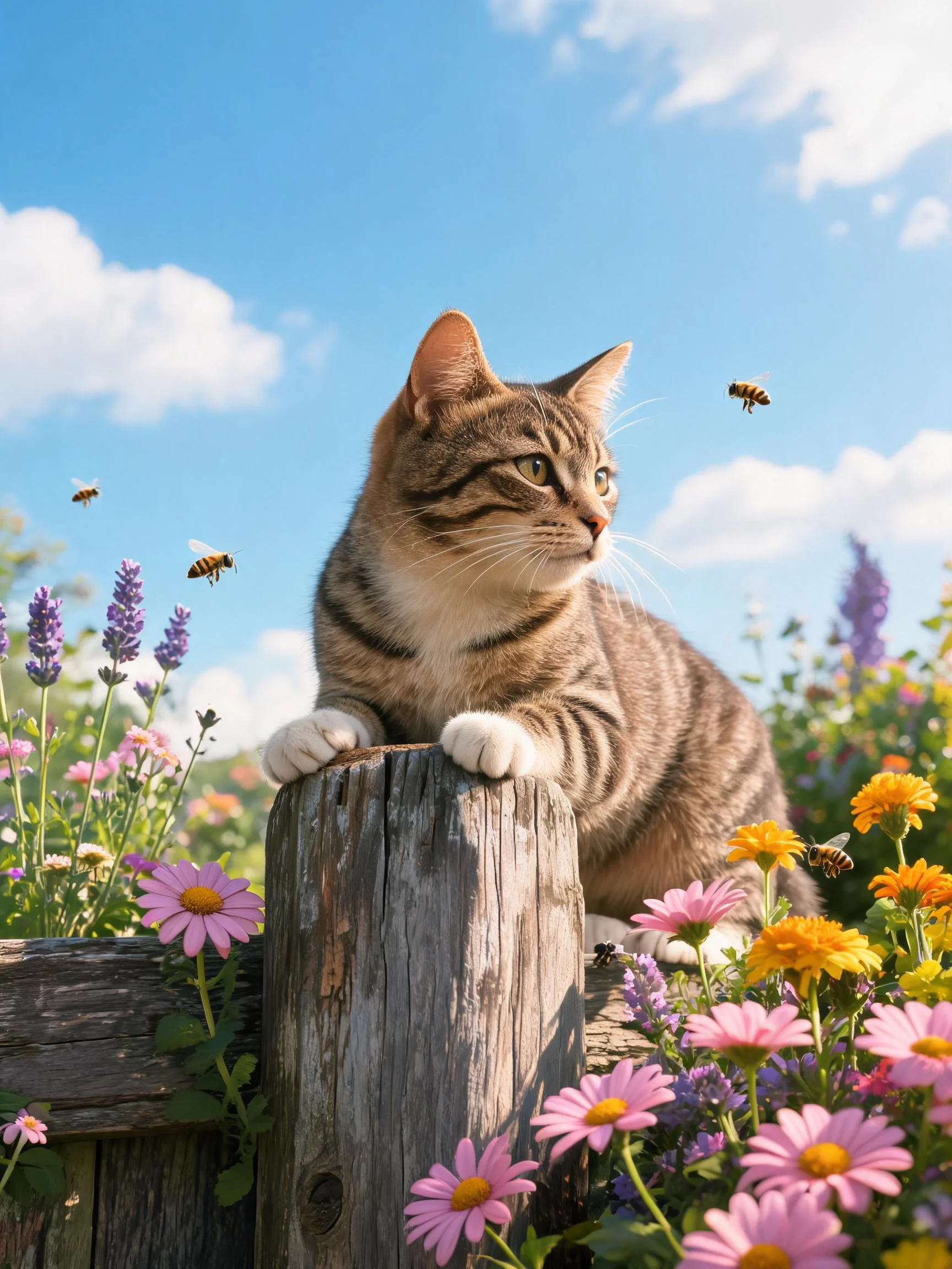 虎斑短毛猫趴在木栅栏柱上,目光注视着空中的蜜蜂,身上清晰的虎斑纹与木色彩丰富的花卉形成鲜明对比。