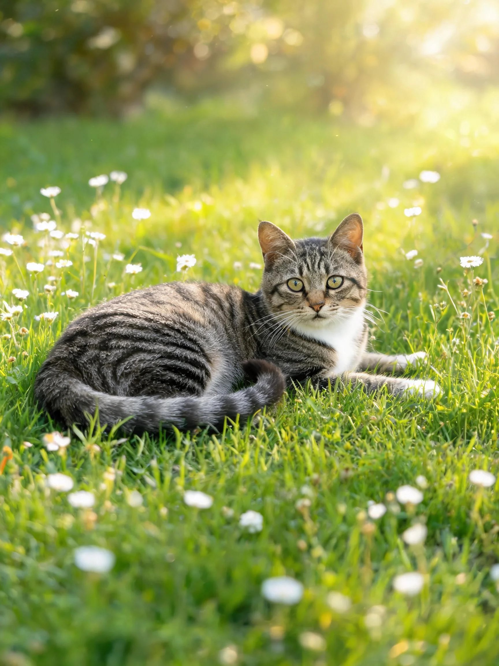 短毛虎斑猫安静趴卧在阳光明媚的绿色草地上,眼睛斑花纹清晰,眼神专注。