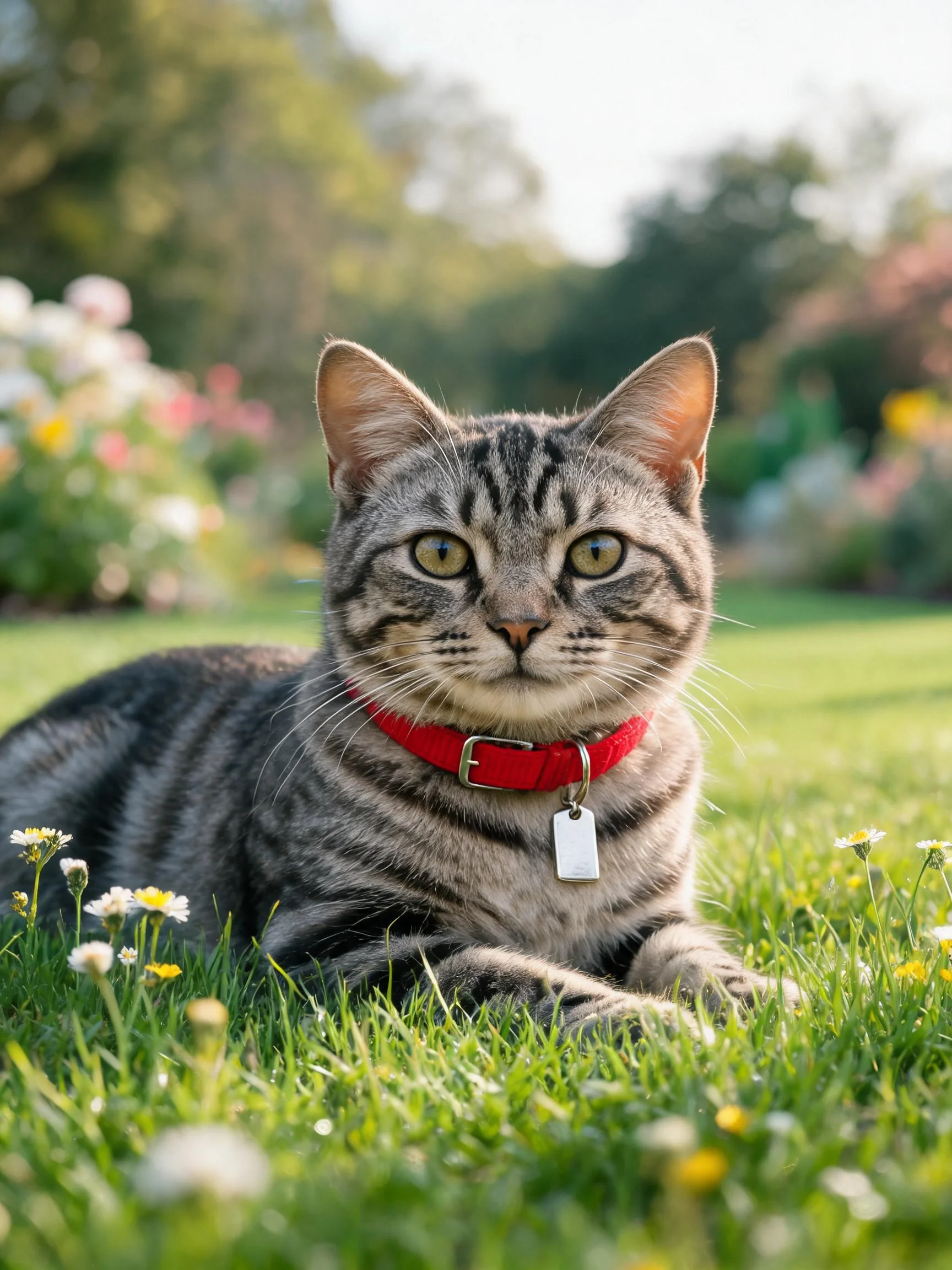 短毛虎斑猫安静地趴在花园草地上，身上清晰的虎斑纹理与红色项圈在阳光下显得格外醒目。