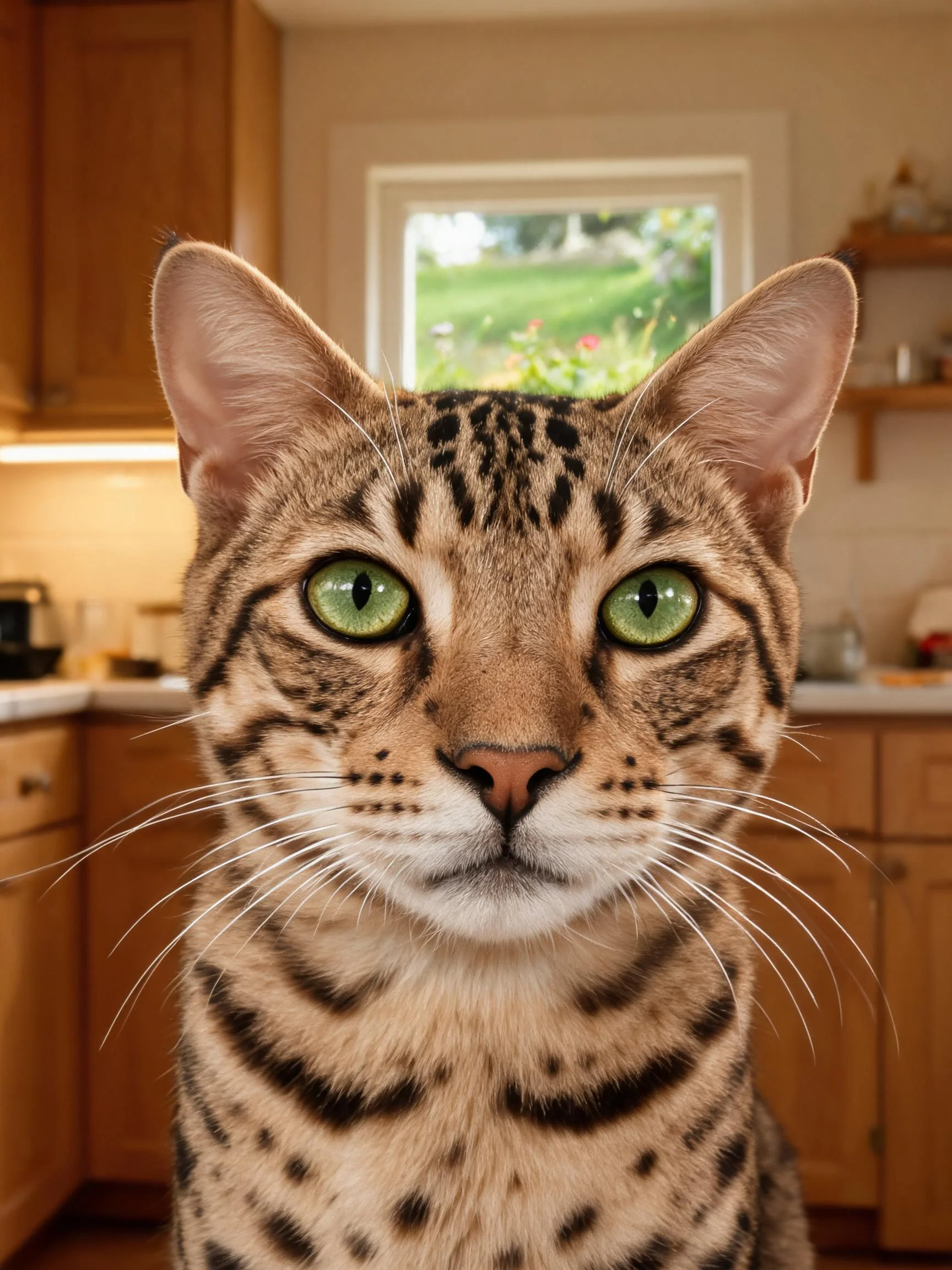 孟加拉豹猫近距离凝视,绿色眼睛明亮有神,皮毛上有清晰的斑点纹理。