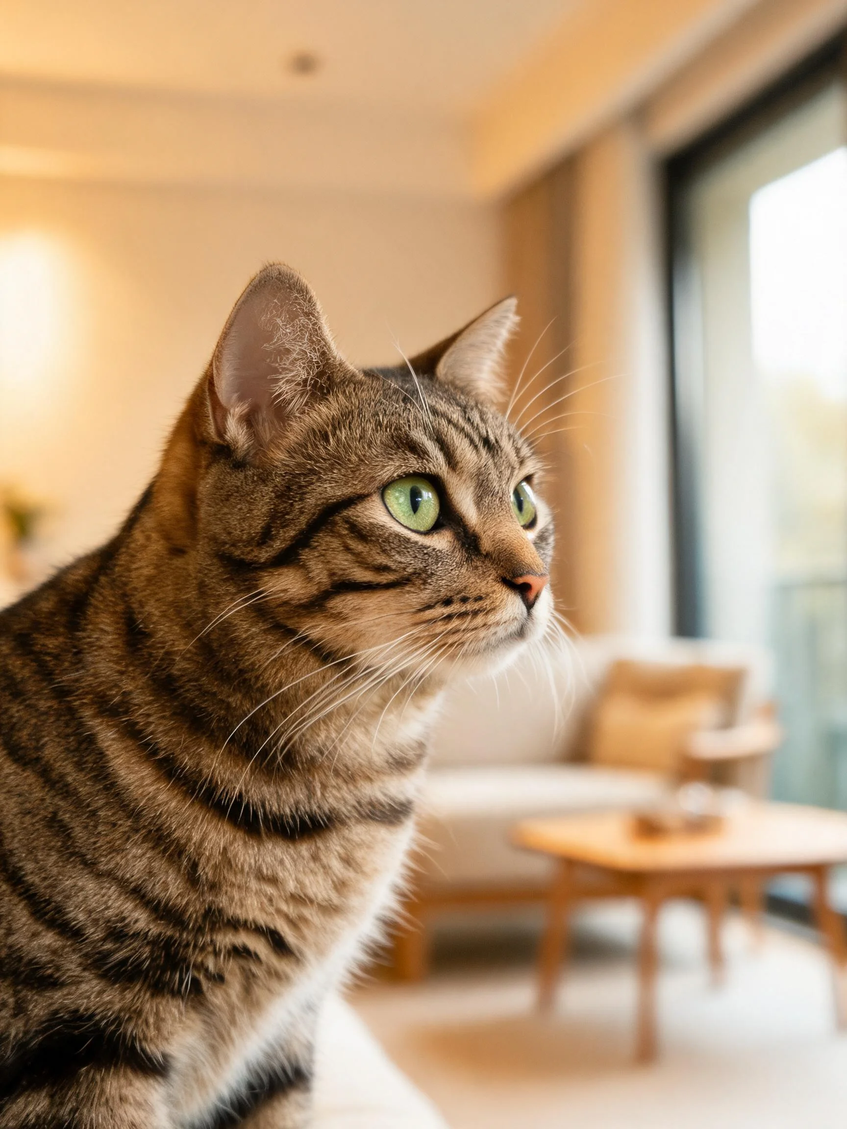 虎斑猫有着清晰的条纹皮毛和明亮的绿色眼睛，正安静地观察周围环境。