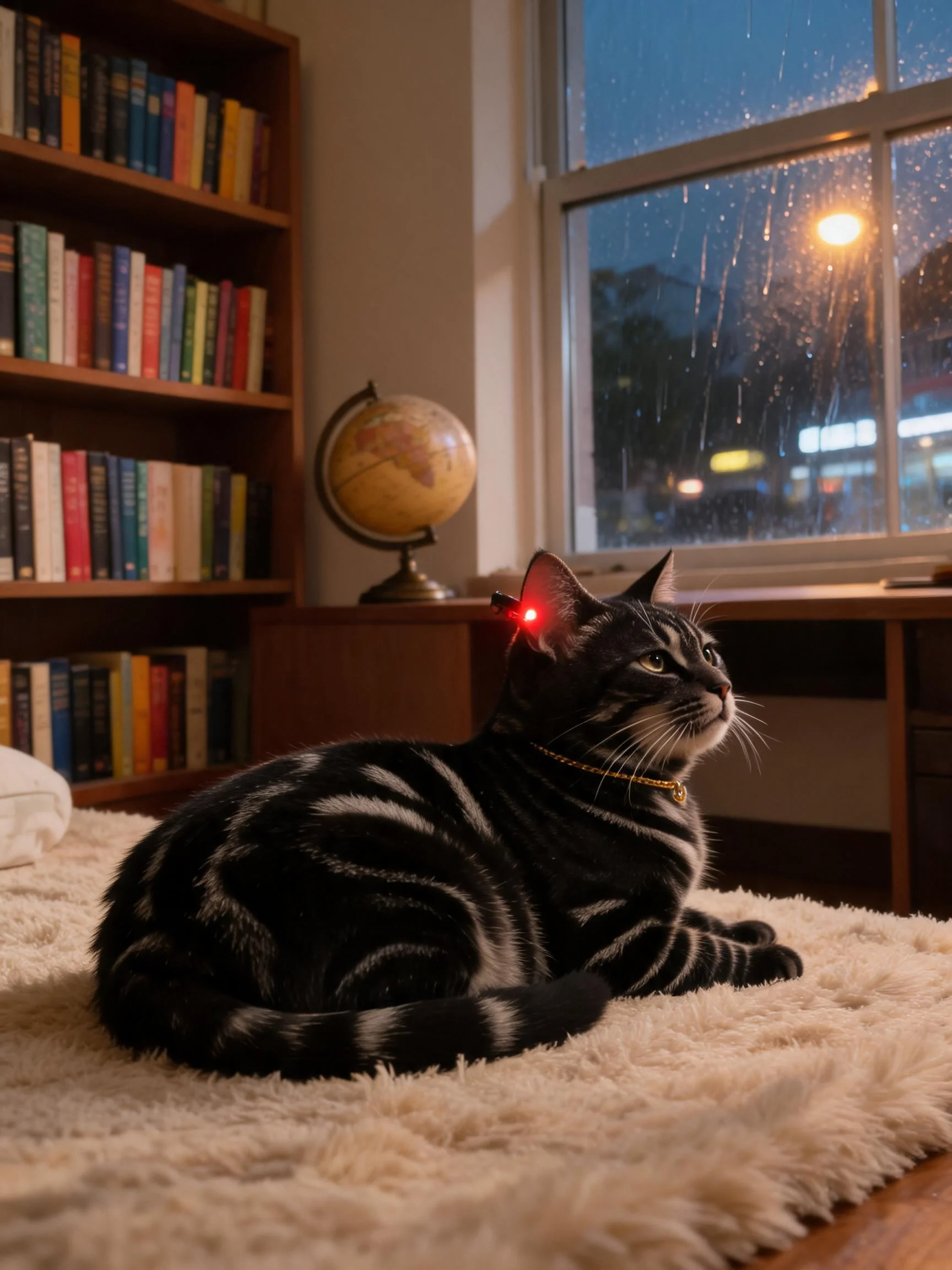 带有银色条纹的虎斑猫趴在白色绒毯上,耳畔有红色激光点,周围是客厅书架和木质家具。