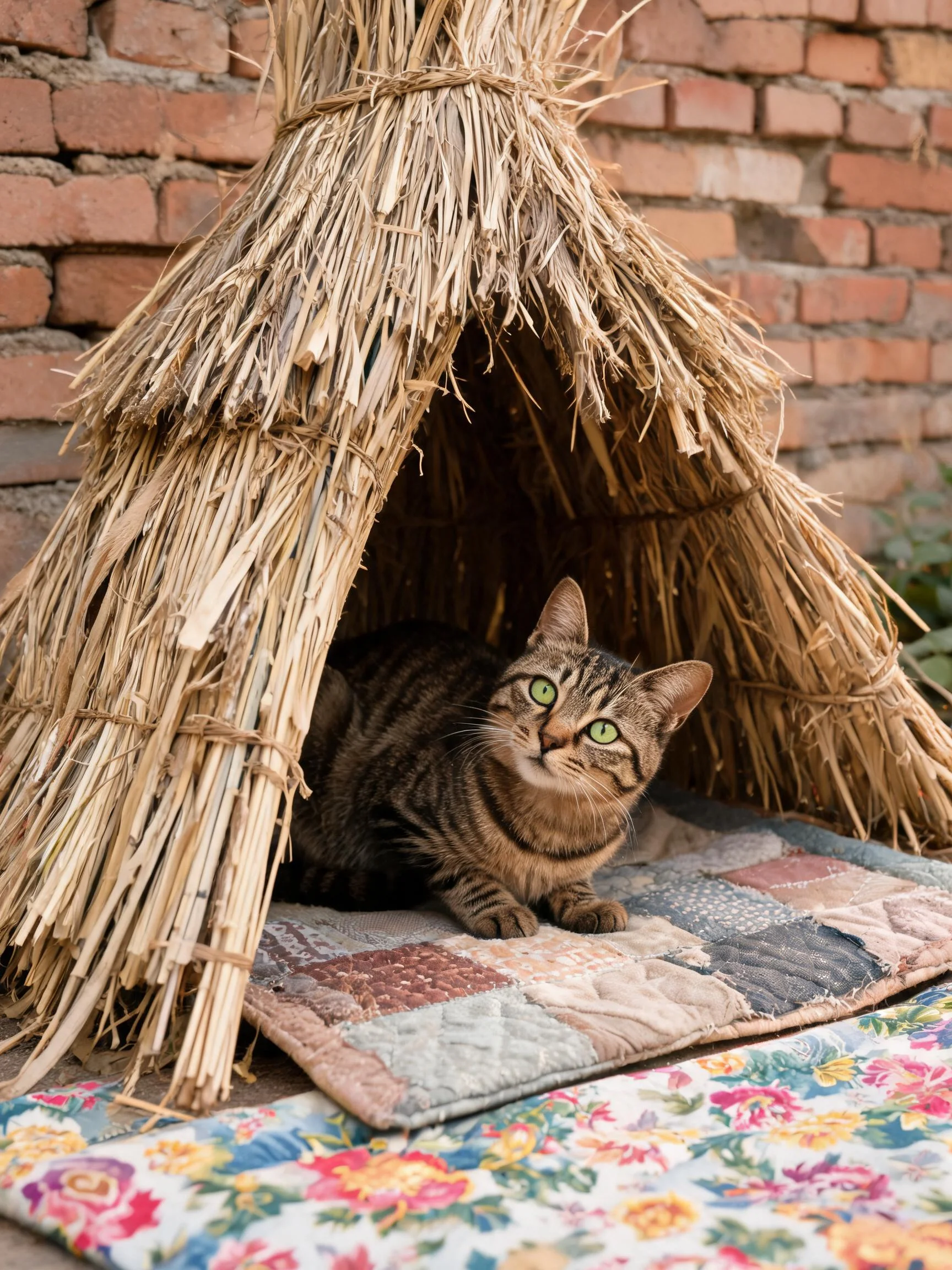 一只带有虎斑花纹的短毛家猫正安静地待在稻草搭建的小屋内,身上清晰的条纹图案与周围的稻草屋形成对比。