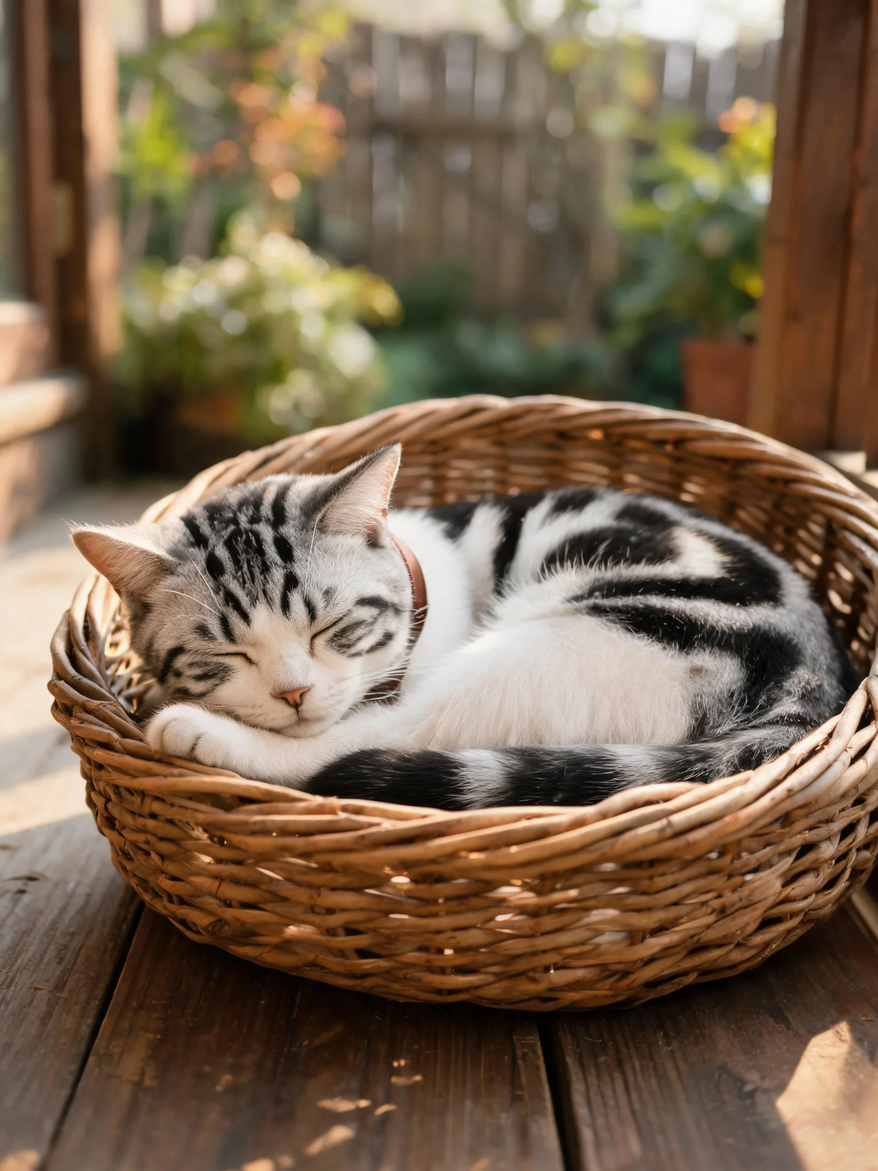 黑白短毛猫蜷卧在藤编篮内,皮毛黑白相间,处于睡眠状态,爪子轻搭身前。