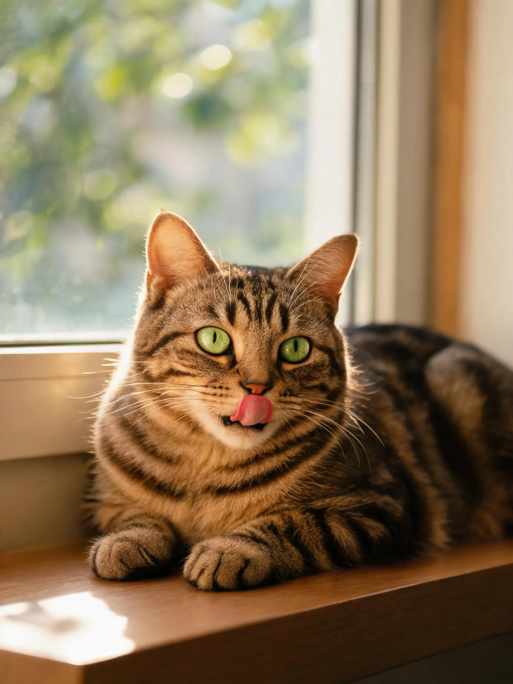 玳瑁斑纹短毛猫伸出粉色舌头舔鼻,绿色眼睛明亮,趴在木质窗台上。