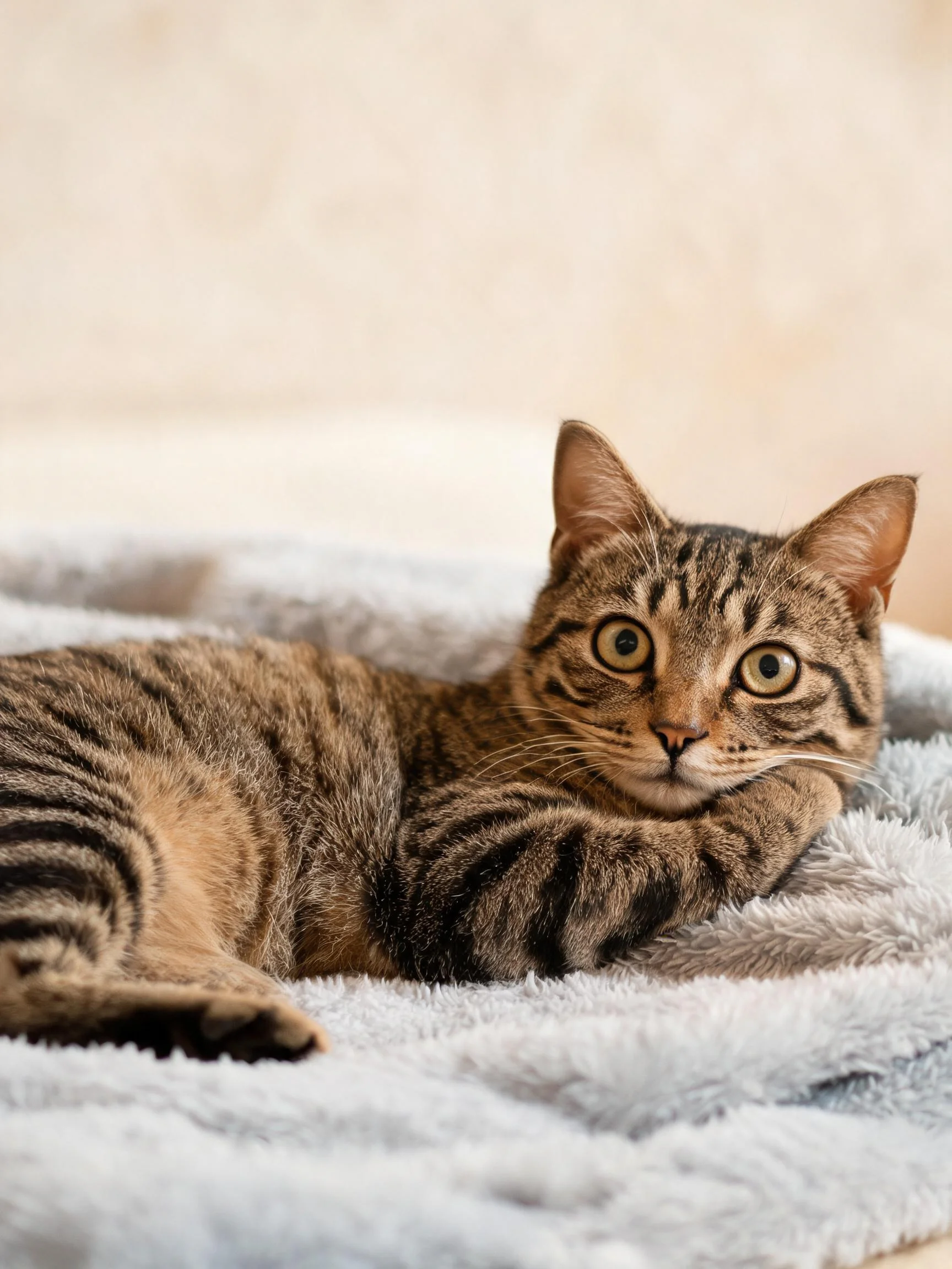 一只短毛虎斑猫,有着棕黑相间的条纹毛发,正睁大眼睛看向镜头。