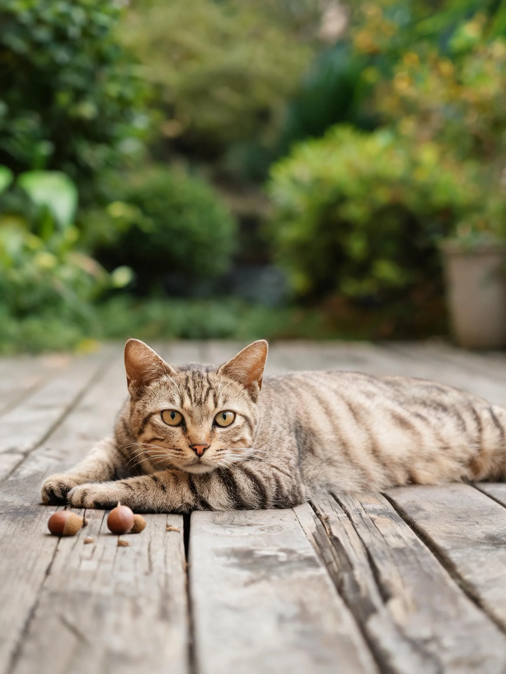 短毛虎斑猫趴在木质平台上,身上条纹清晰,周围散落着小坚果。