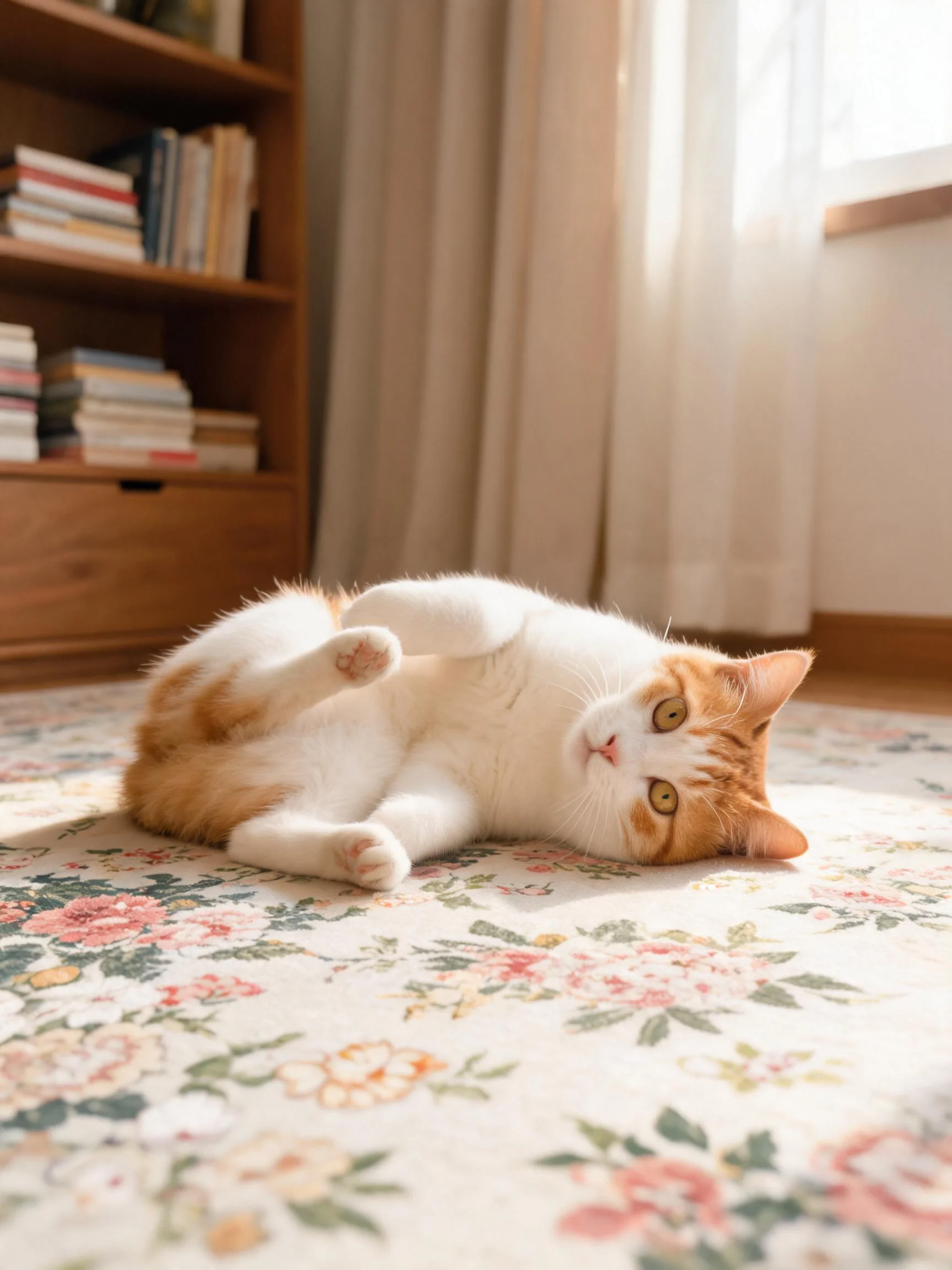 橙白短毛猫以仰卧姿态躺在地毯上,橙色斑纹毛发清晰可见,姿态放松。