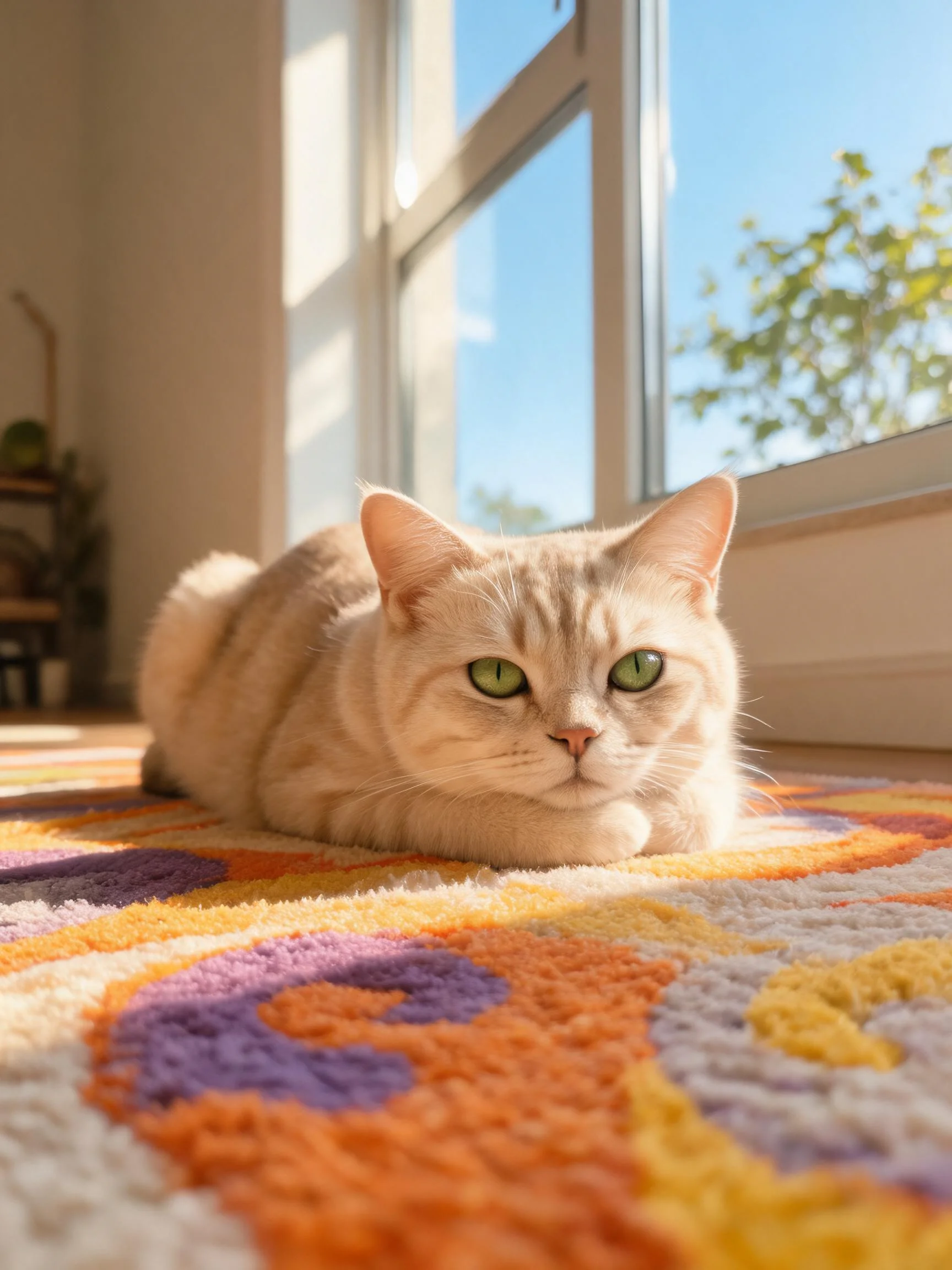 一只英国短毛猫趴在彩色地毯上，浅奶油色皮毛搭配绿色眼睛，阳光照射下的皮毛有柔和光泽。