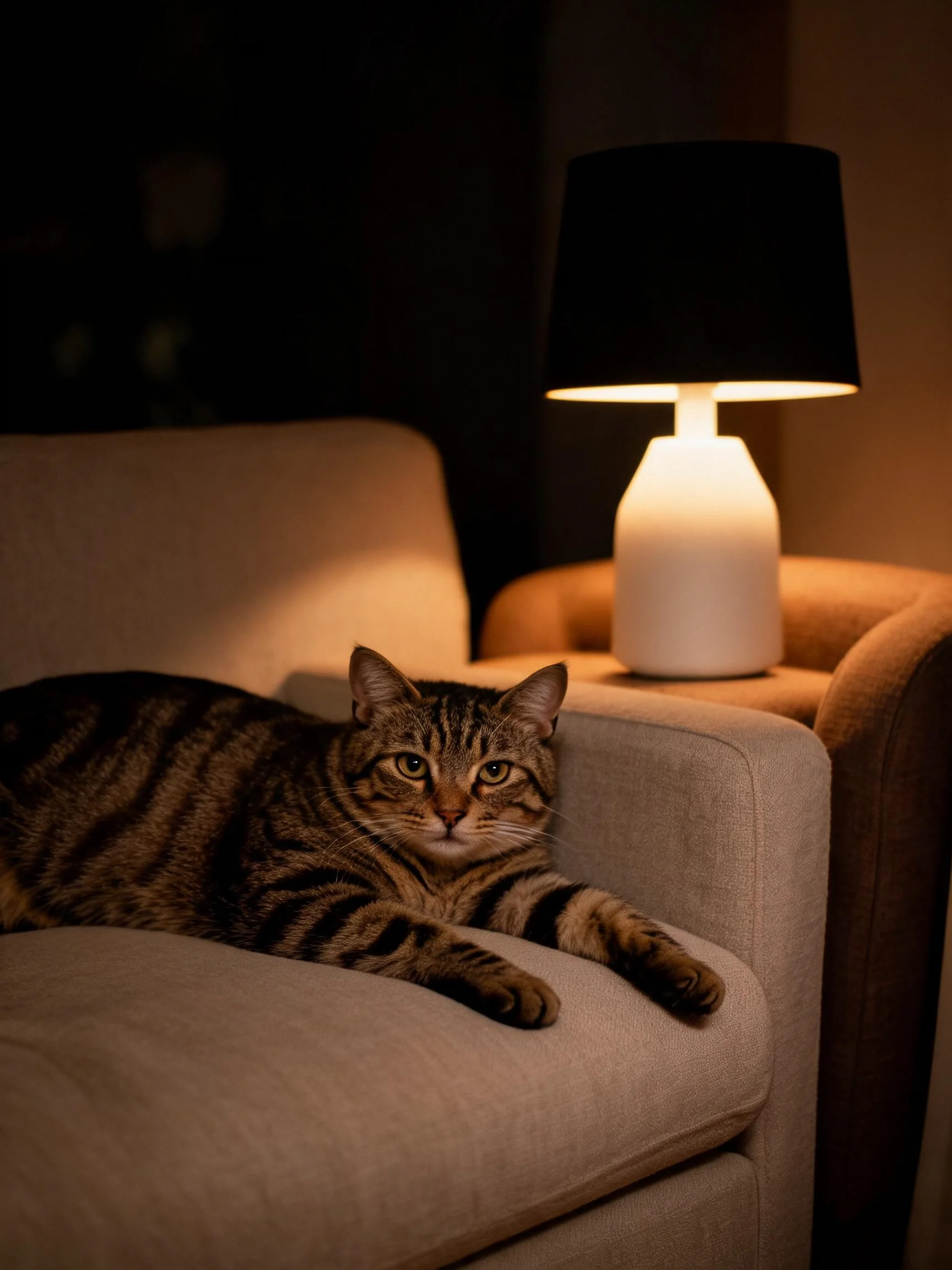 一只玳瑁斑纹短毛猫趴在浅色沙发上,虎斑纹理清晰,眼部明亮且毛发柔软贴附在沙发表面。