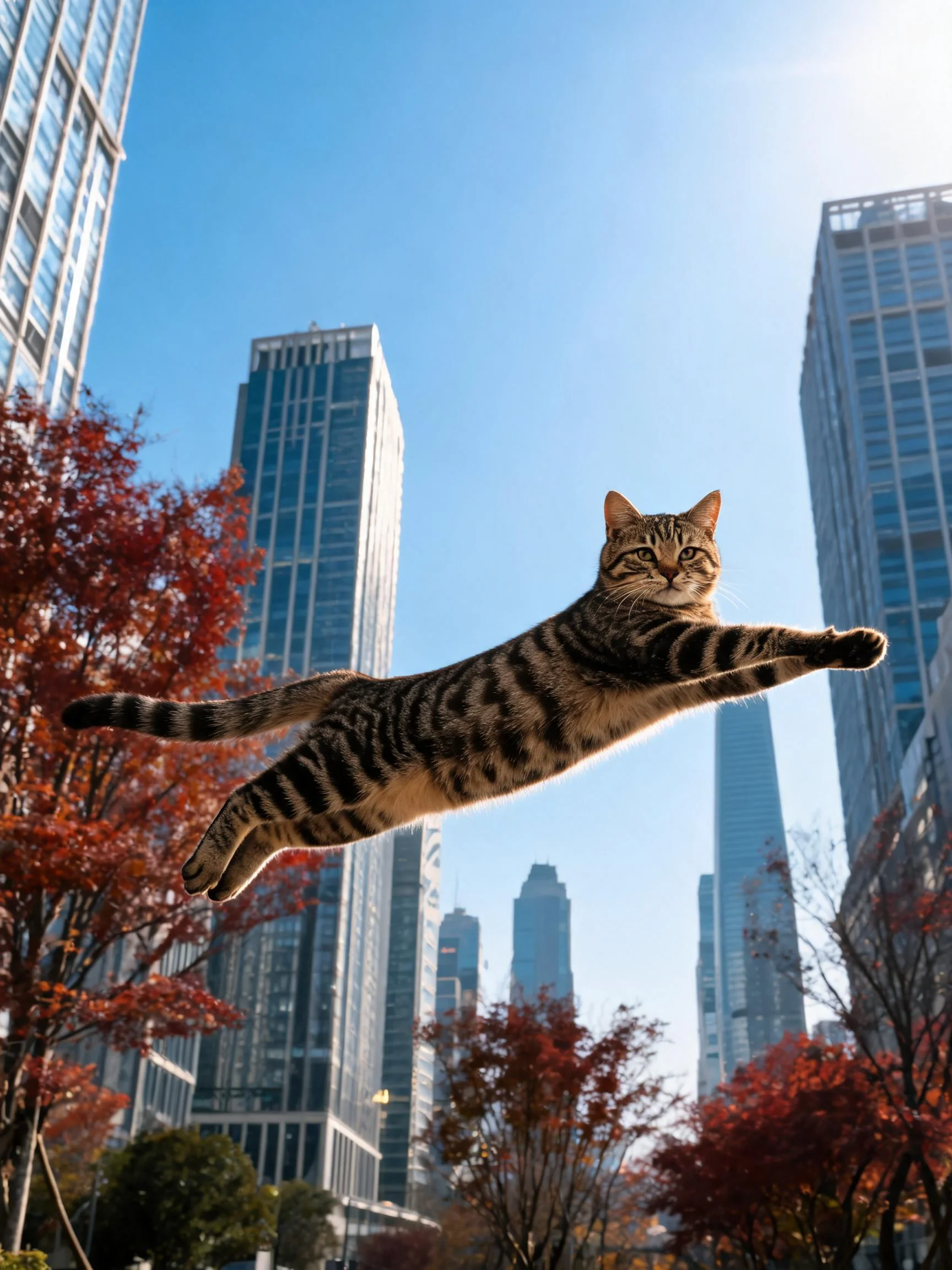 虎斑短毛猫伸展身体在城市高楼间跳跃,皮毛柔软且带有清晰的虎斑花纹。