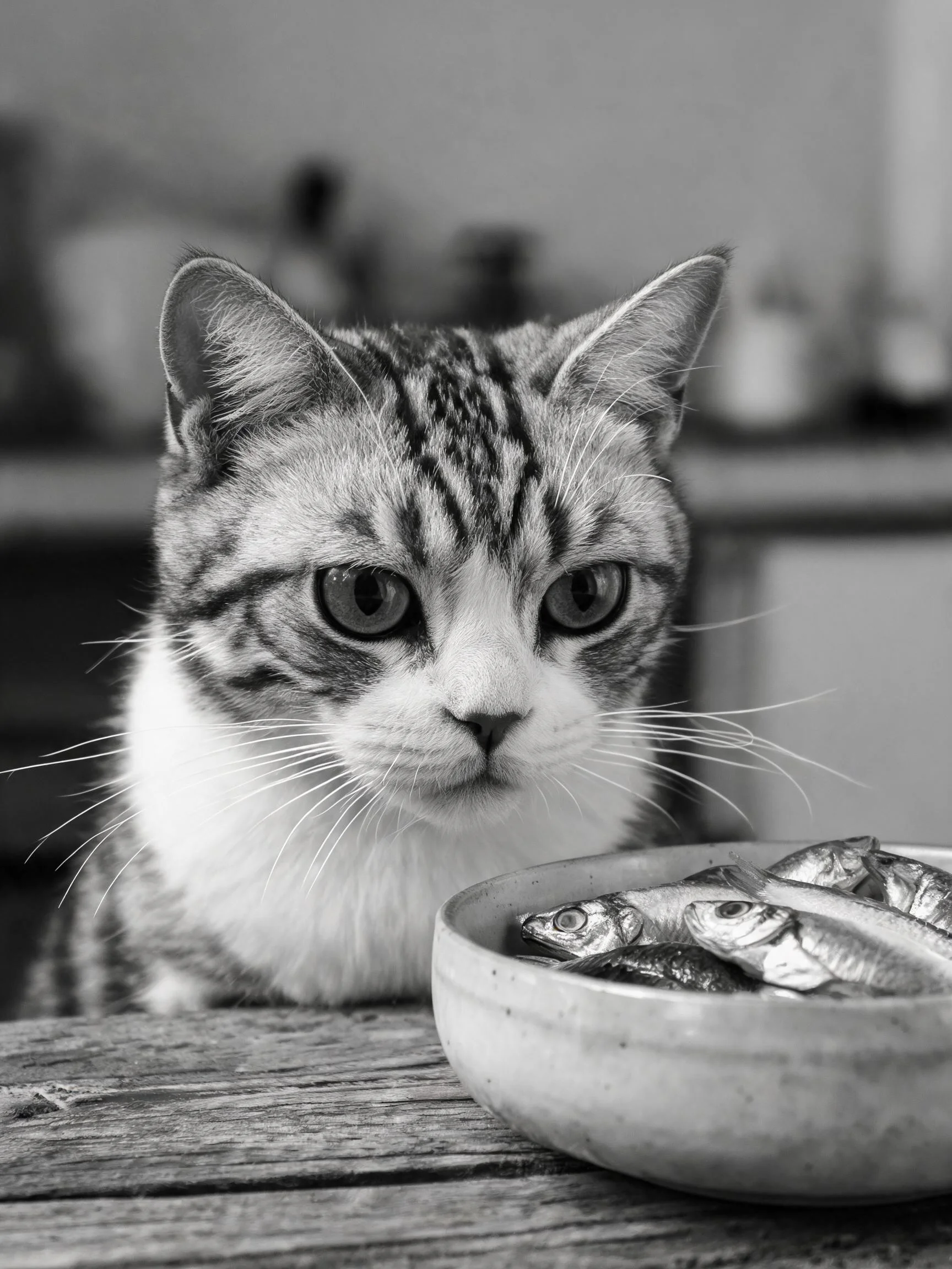短毛虎斑猫注视着碗中带有银色光泽的小鱼，黑白相间的皮毛纹理清晰可见。