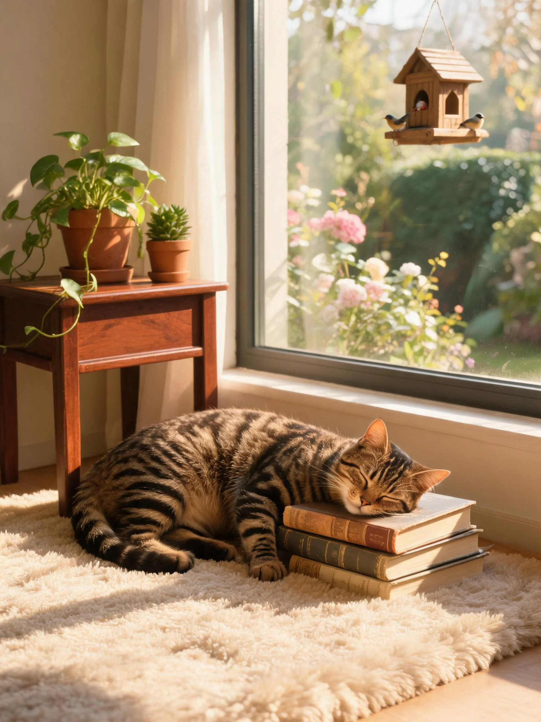 一只玳瑁斑纹短毛猫将头部靠在堆叠的旧书上休息,皮毛短而光滑,斑纹清晰可见。