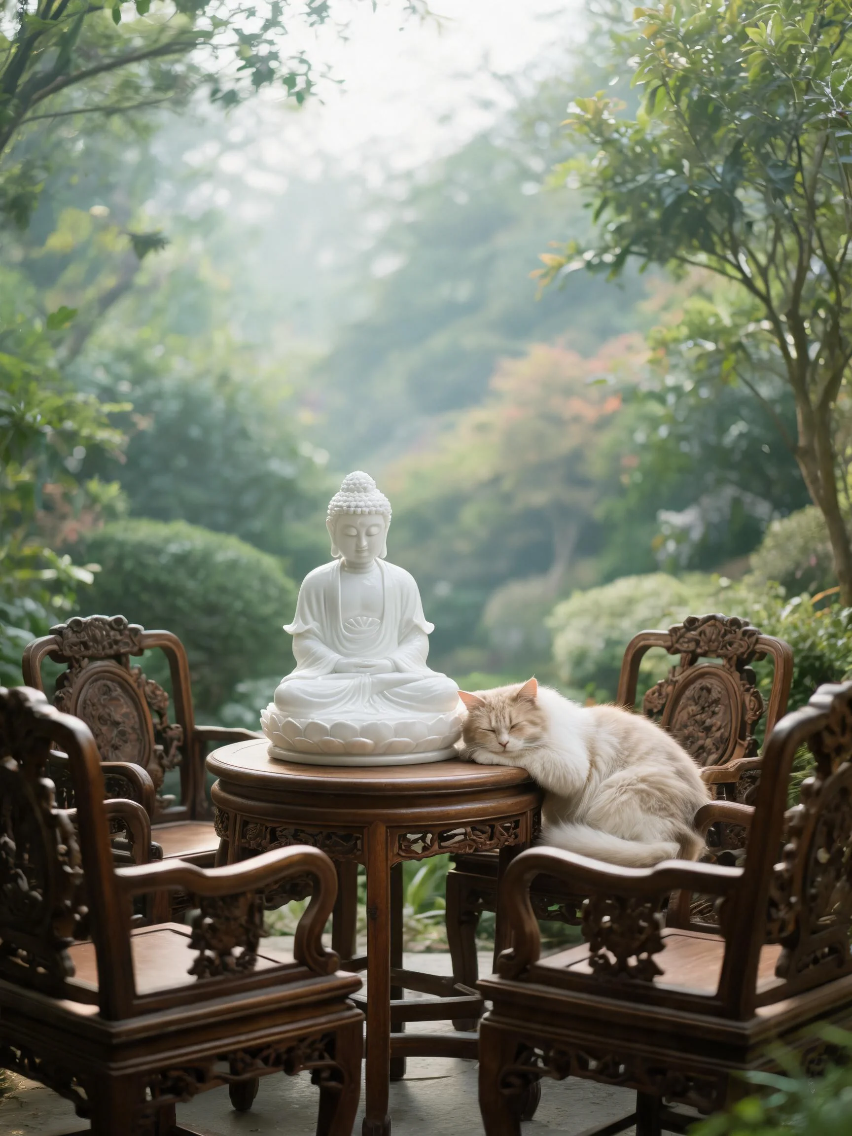 橙白长毛猫安静地依偎在木质圆桌旁,头部轻靠桌面,身旁是白色佛像雕塑,周围环绕着雕刻精美的木质座椅。