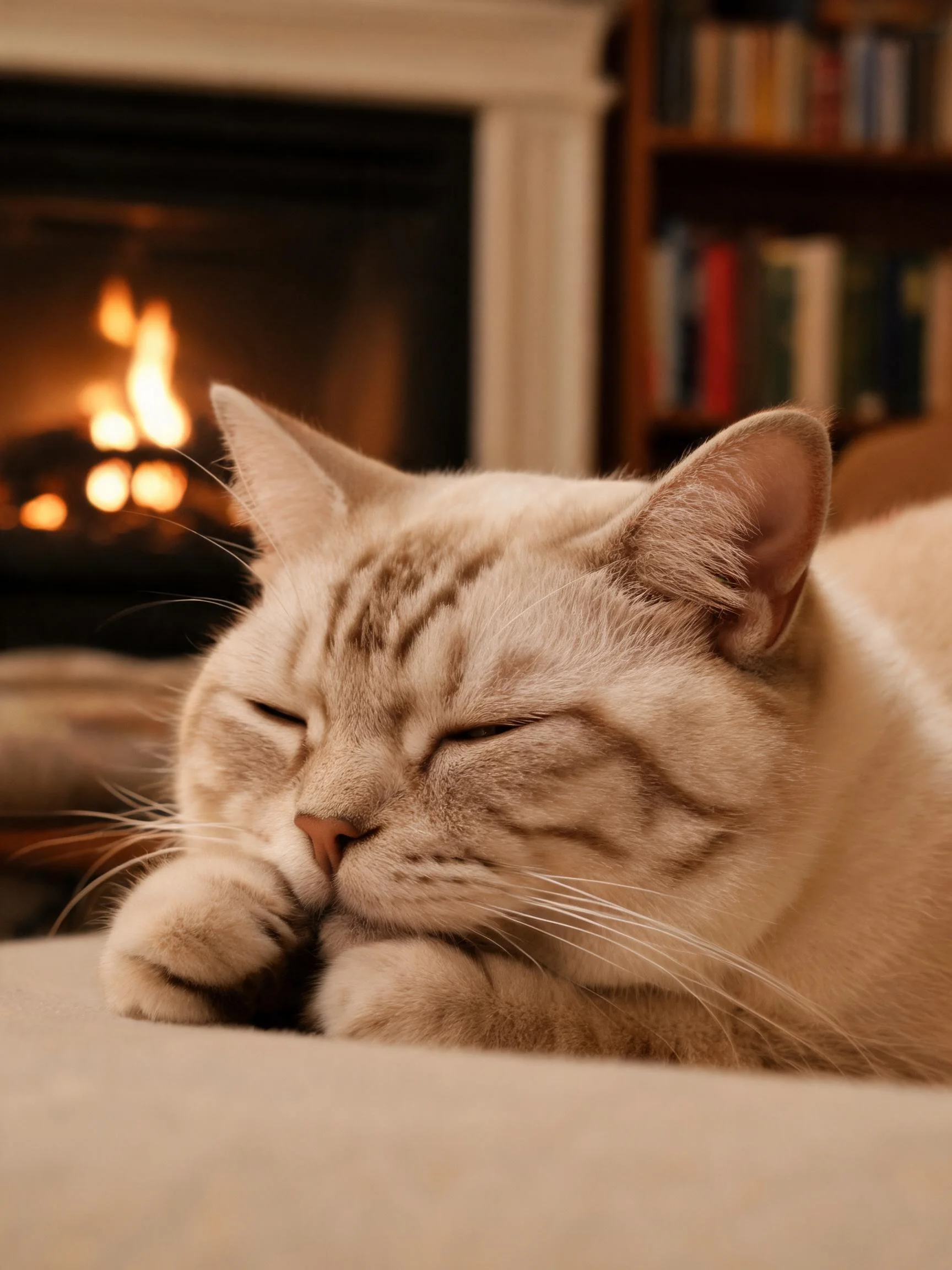 重点色短毛猫闭眼趴卧,毛发呈淡奶油色带浅棕条纹,前爪轻触脸部,身处暖光客厅环境中。