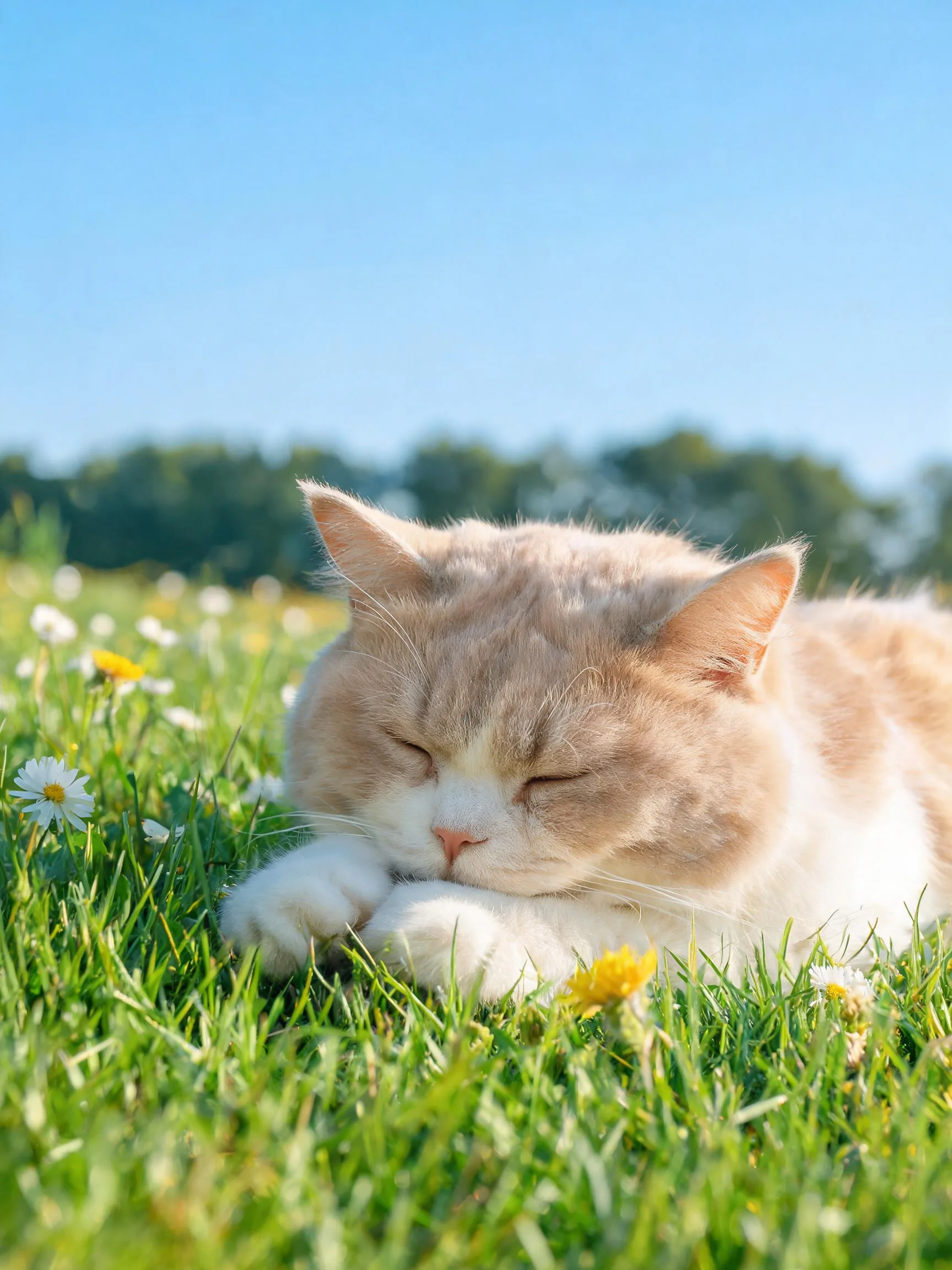 橙白相间的英国短毛猫闭眼趴在草地上，毛发柔软蓬松。