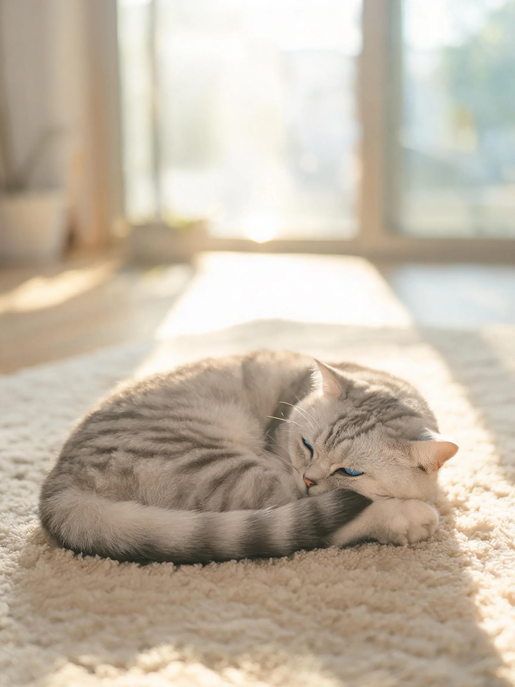 银色虎斑短毛猫呈现睡眠姿态,蓝眼睛半睁,身体蜷缩在浅色绒面地毯上,毛发短而柔软。