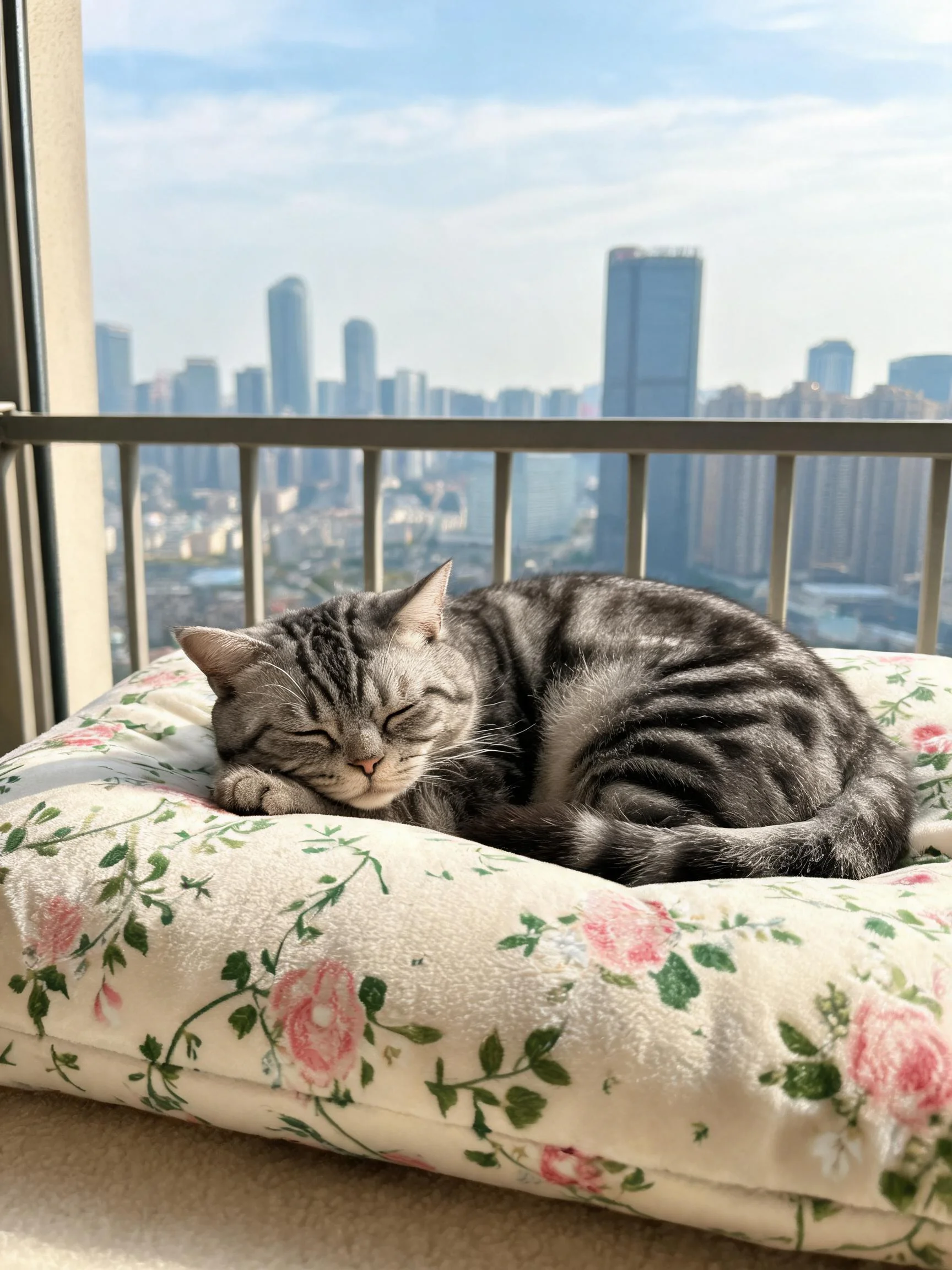 银虎斑短毛猫蜷卧在花卉软垫上,皮毛呈现银灰色虎斑纹理,处于睡眠状态。