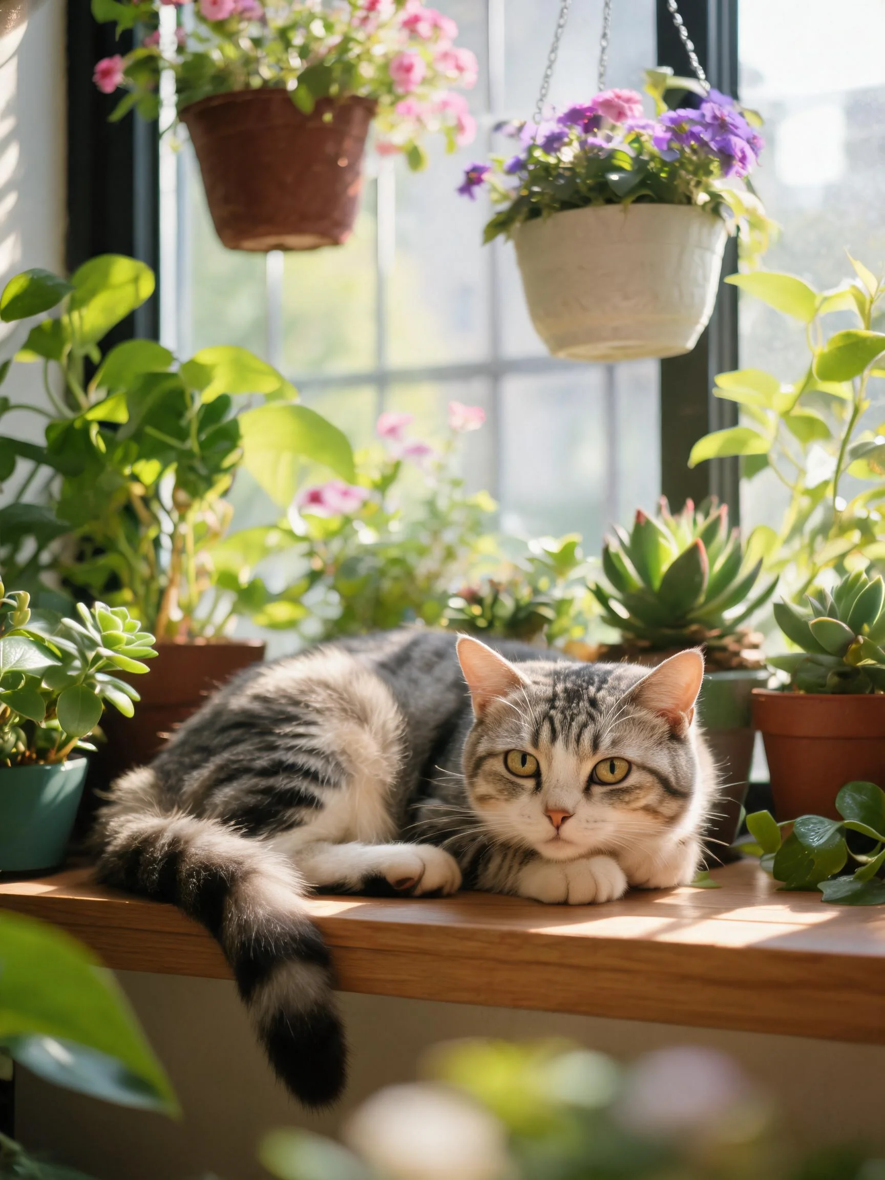 灰白相间的短毛猫趴在窗台上,毛发柔软且眼睛明亮,周围是各种花卉盆栽。