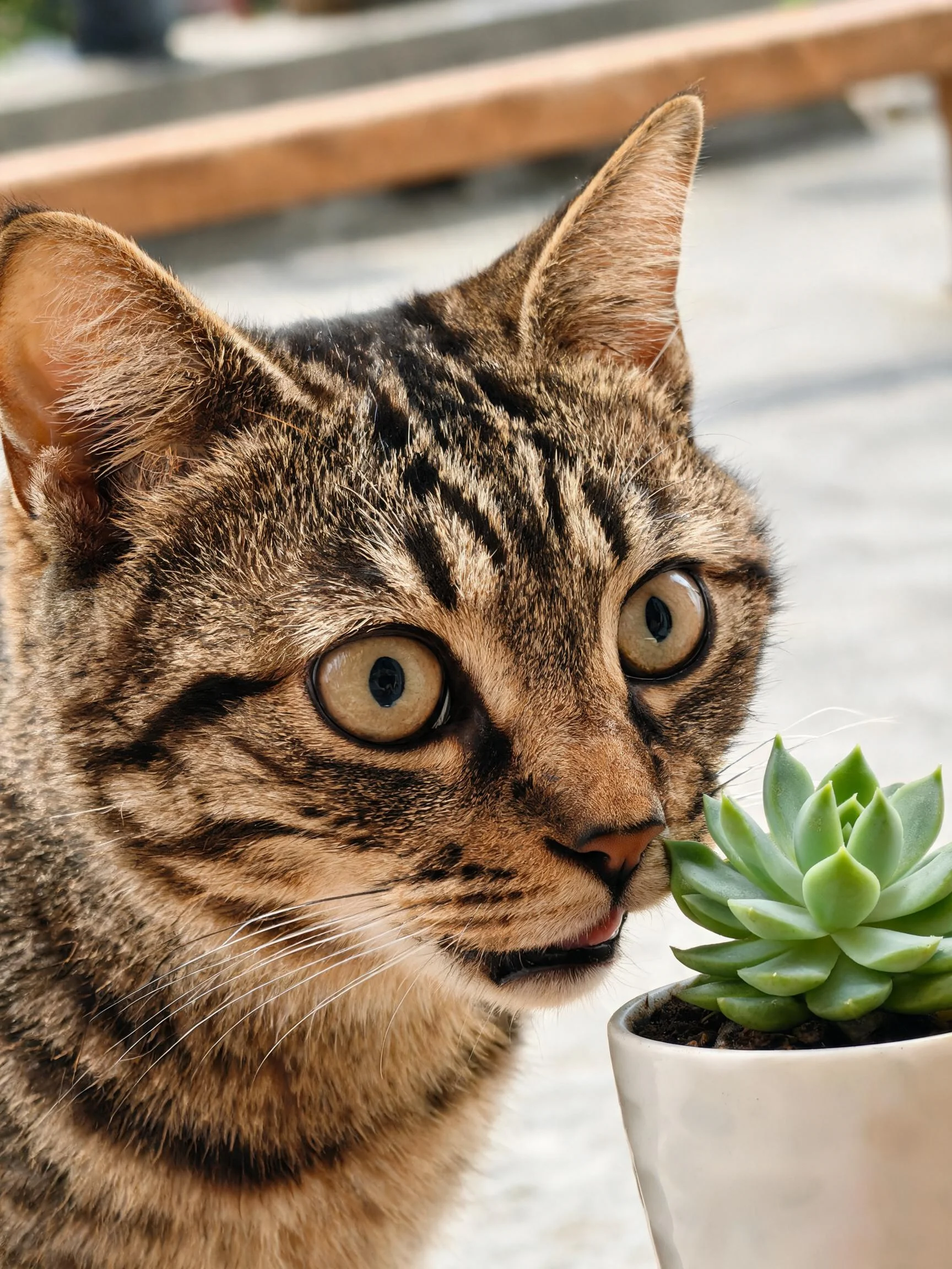 玳瑪短毛猫眼睛圆大,鼻尖轻触多肉植物,毛发呈现出清晰的虎斑纹理。