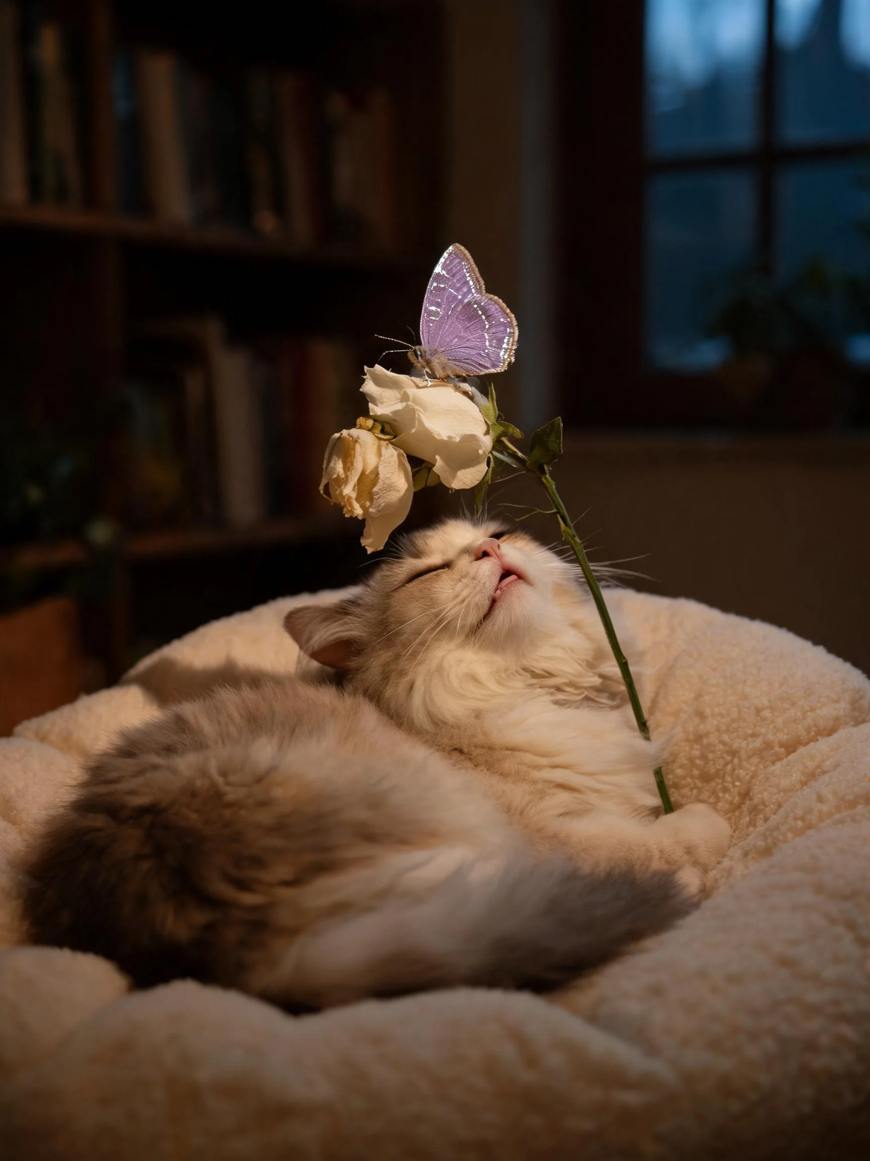 双色长毛猫用嘴轻触带有紫色蝴蝶的白玫瑰花茎,毛发蓬松洁白,花瓣呈现枯萎纹理。