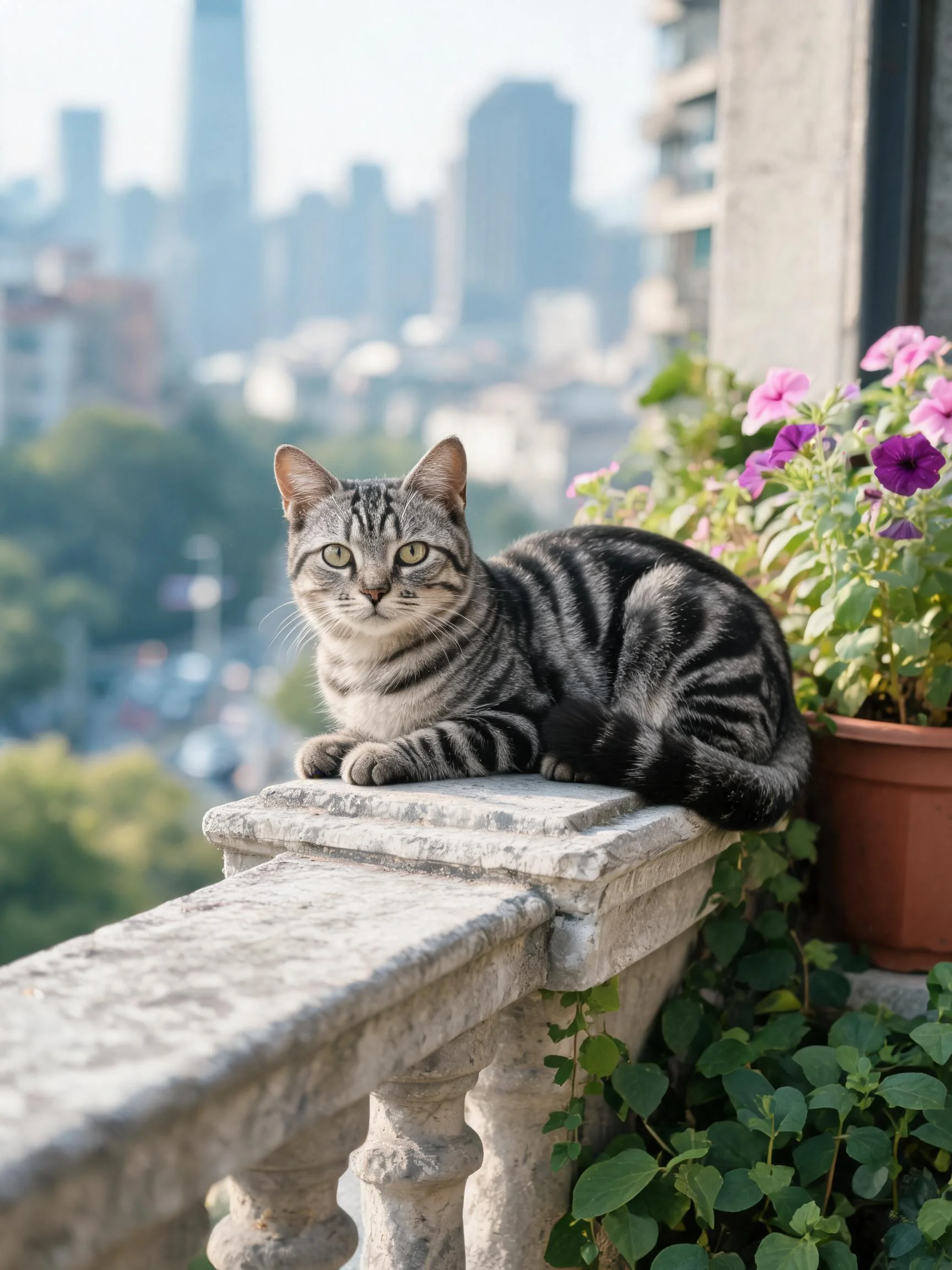 灰色虎斑短毛猫趴在石质栏杆上,皮毛上的条纹清晰可见,周围有盛开的粉色和紫色花朵。