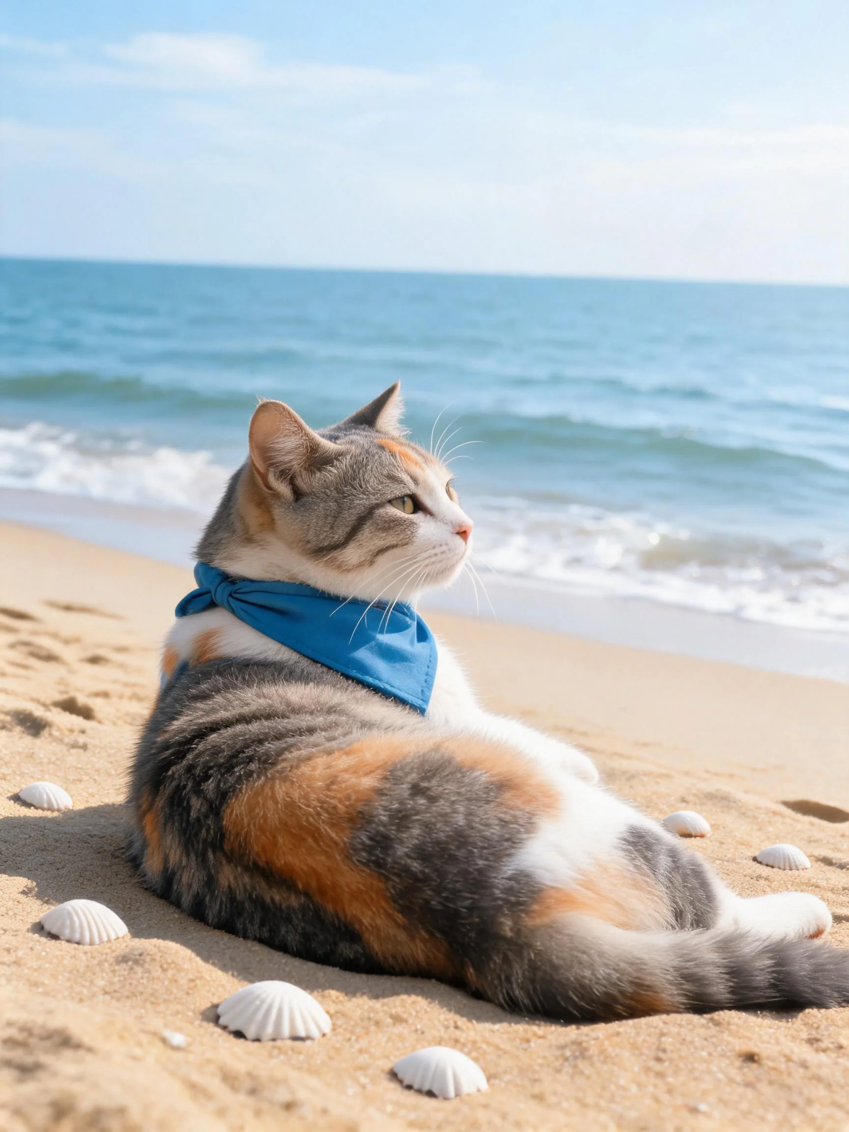 三色短毛猫趴在沙滩上,脖颈处系着蓝色布巾,周围散落着贝壳,皮毛呈现灰、白、橙三色相间的纹理。