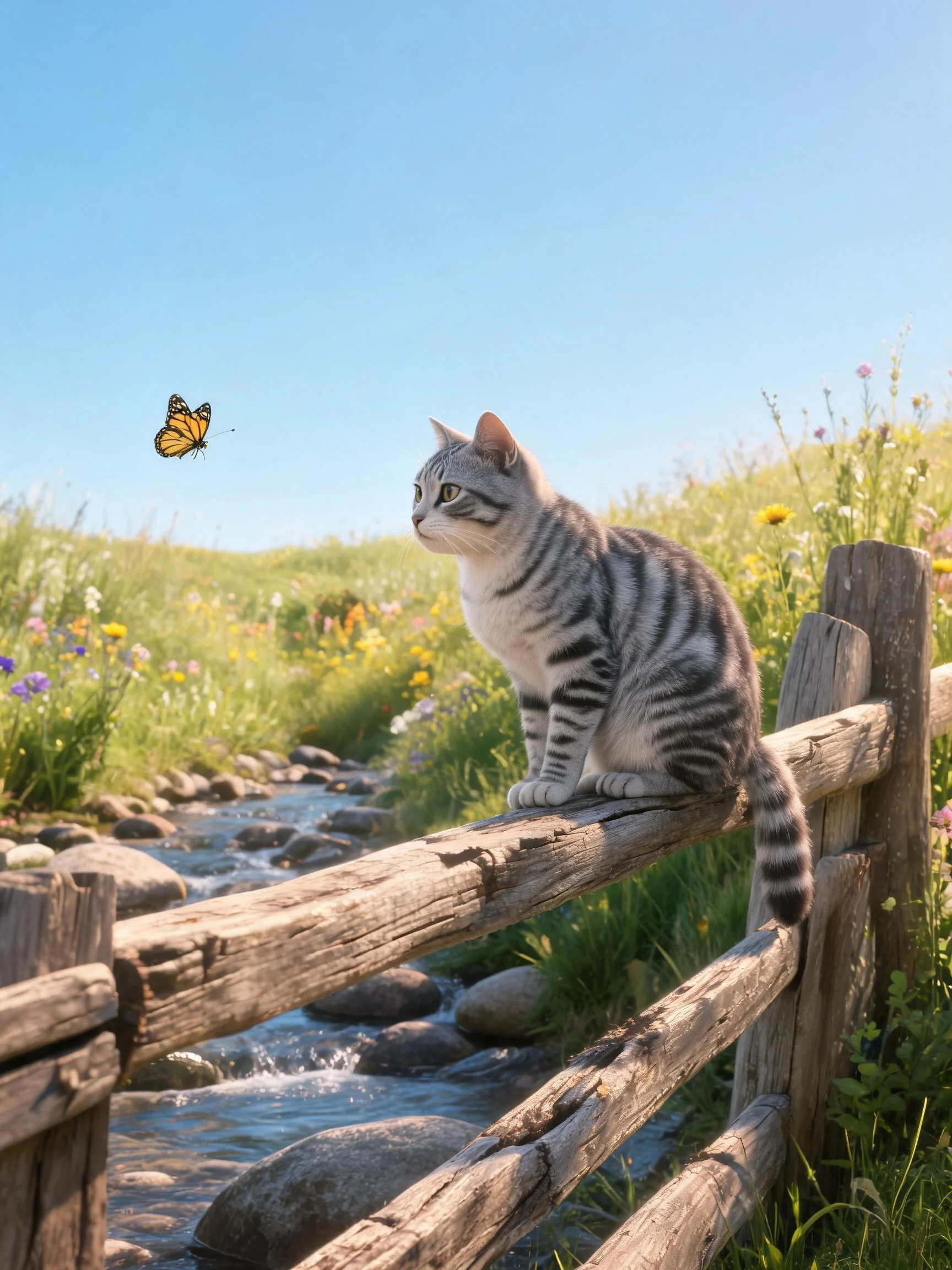 灰虎斑短毛猫注视着空中飞舞的黄黑相间的蝴蝶,它正趴在木栅栏的横木上。