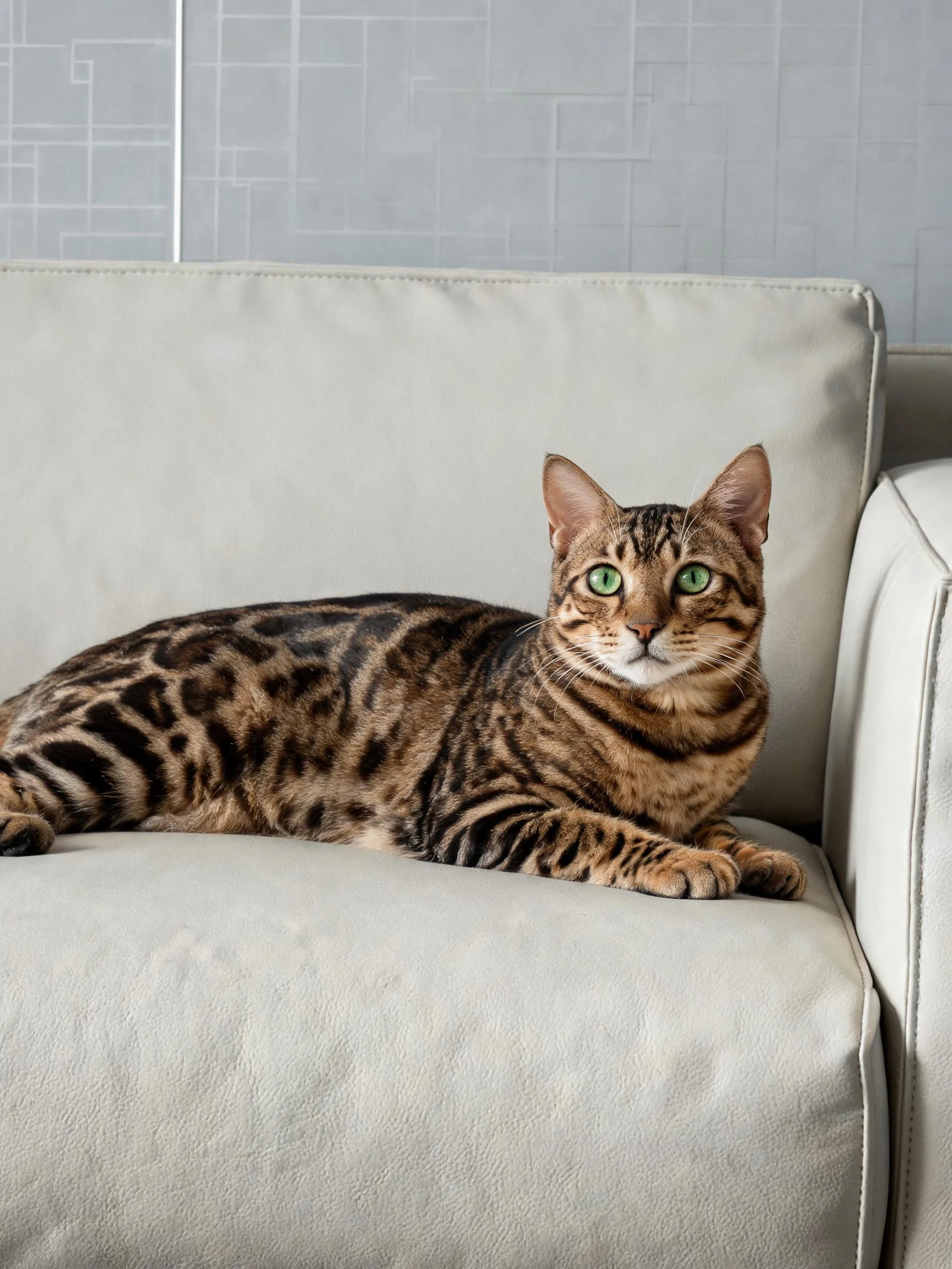 孟加拉豹猫趴在浅色沙发上,拥有独特的豹纹皮毛和绿色眼睛,姿态放松。