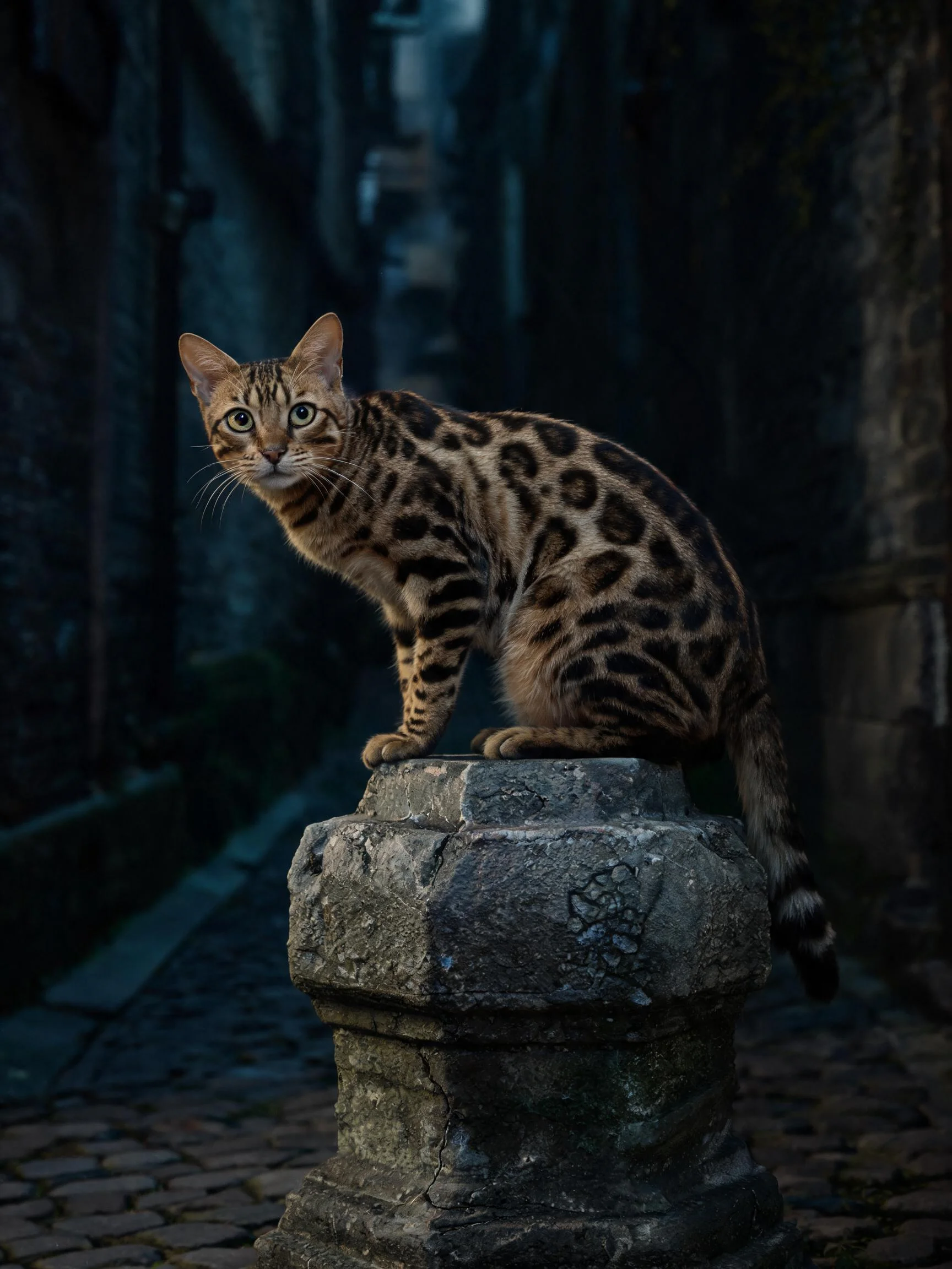 孟加拉猫有着带有清晰斑点与条纹的金棕色皮毛，正安静地坐在石柱顶端，眼神专注地看向前方。