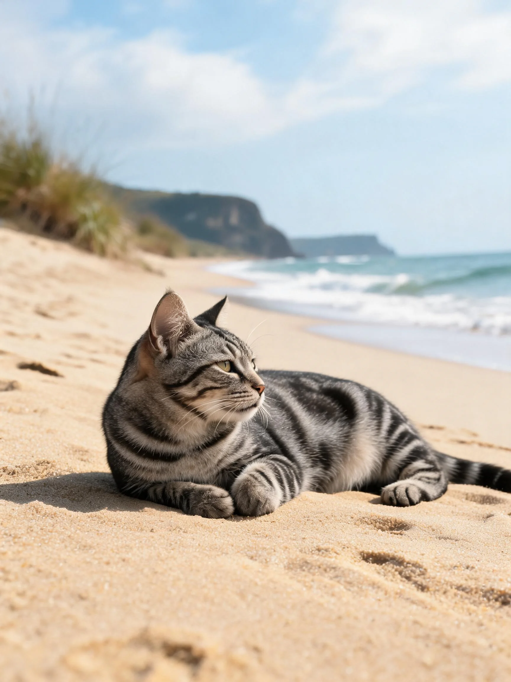 短毛虎斑猫有着灰黑色相间的条纹毛发,正安静地趴在沙滩上。