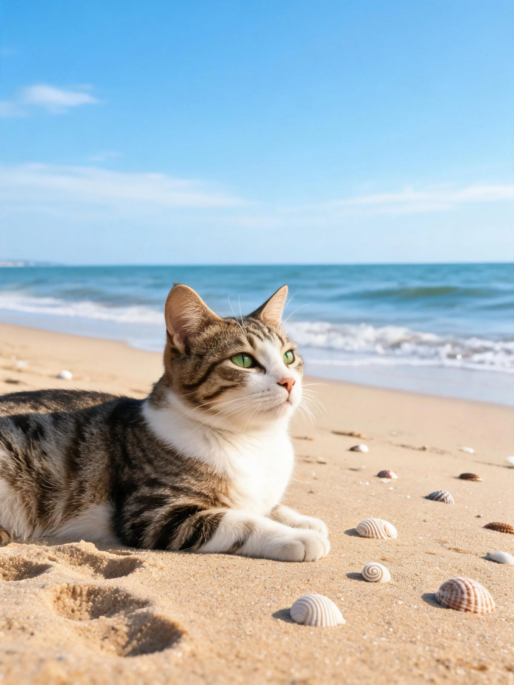 沙滩上虎斑短毛猫有着绿色眼睛,正凝视远方,周围散落着不同大小的贝壳。