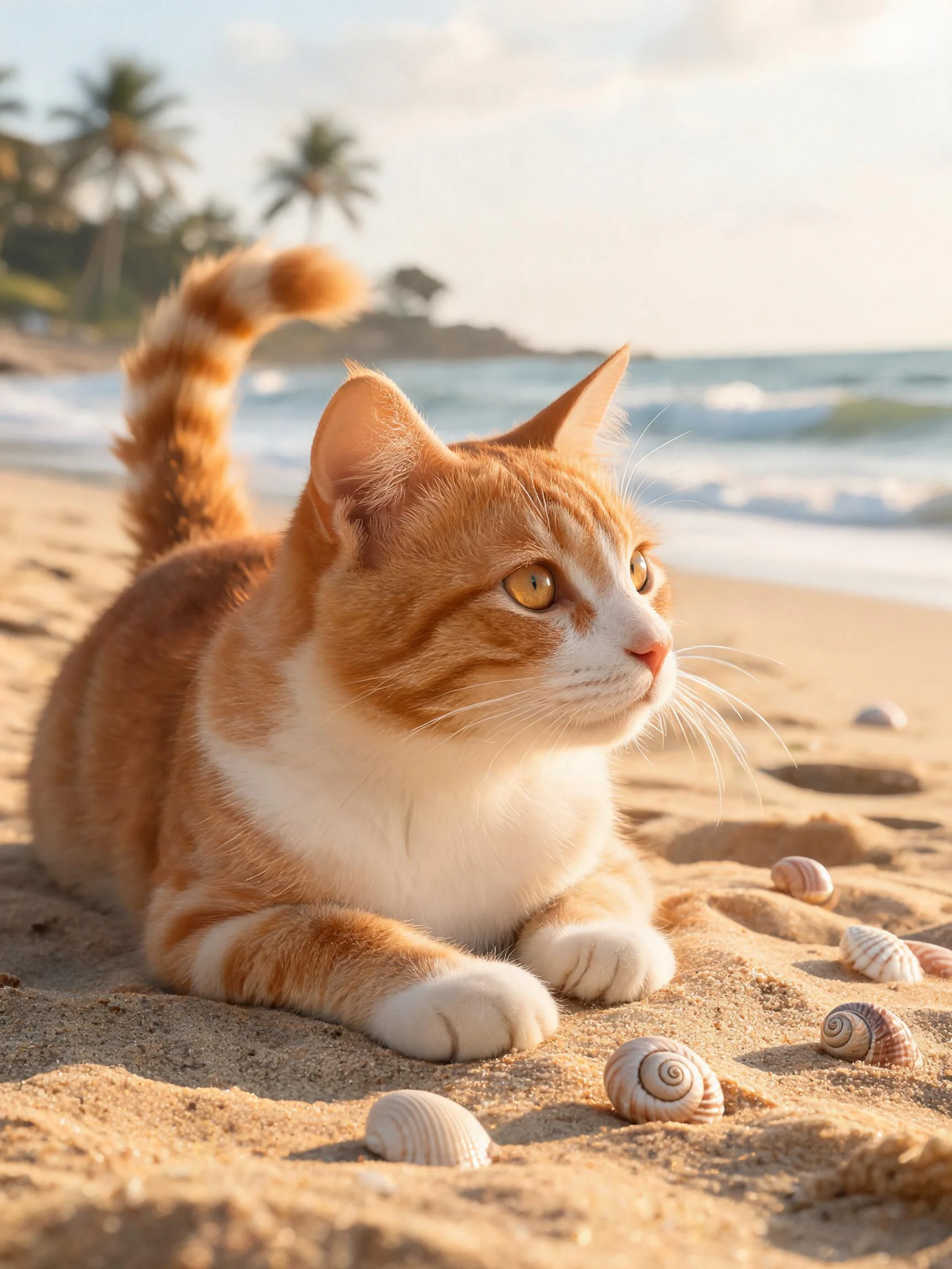 橘白短毛猫趴在沙滩上,周围有各种贝壳,猫咪眼睛明亮,前爪轻触沙滩表面。