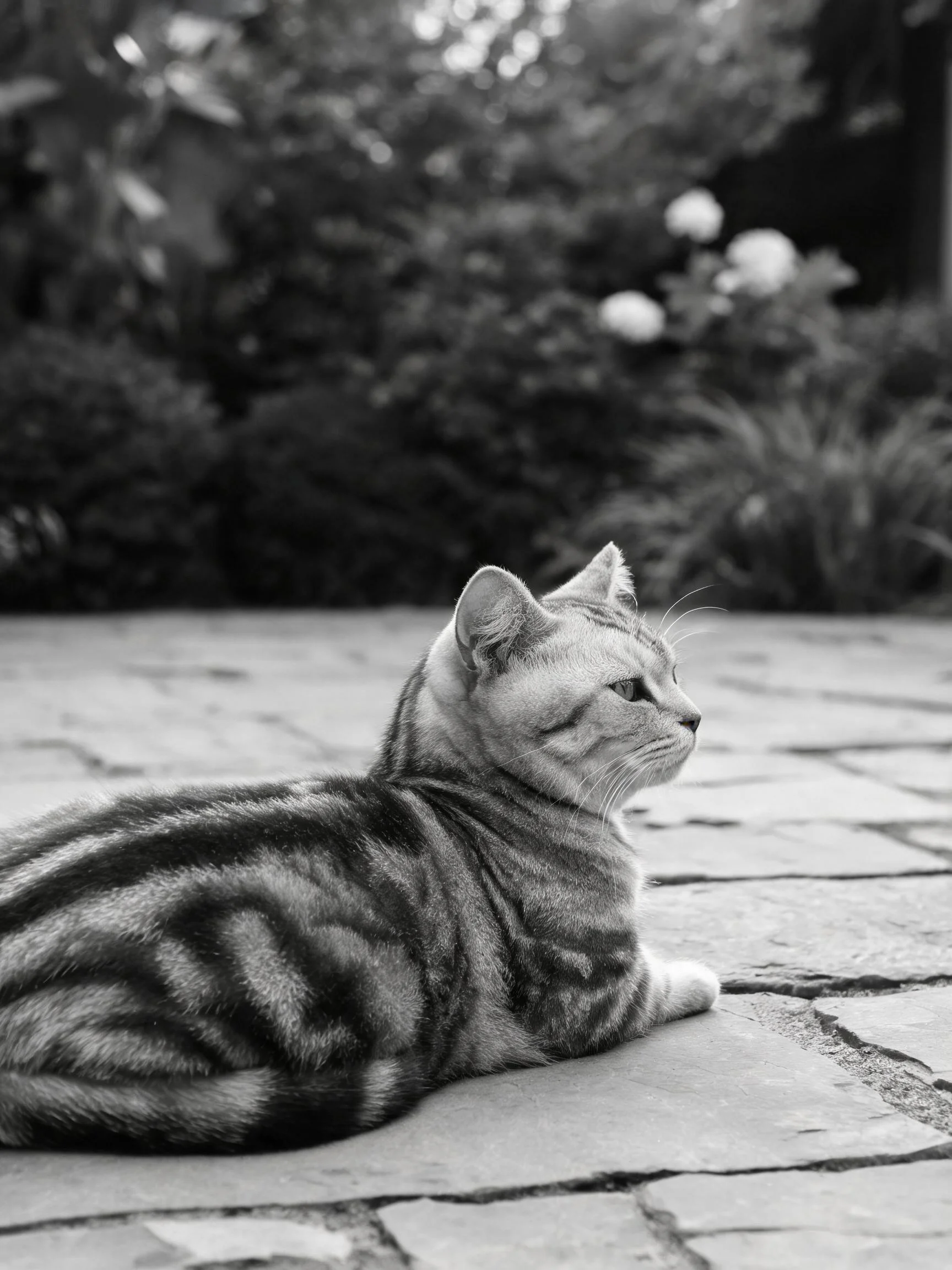 短毛虎斑猫趴在石板地面上,目光看向画面右侧方向,皮毛带有典型虎斑纹特征。