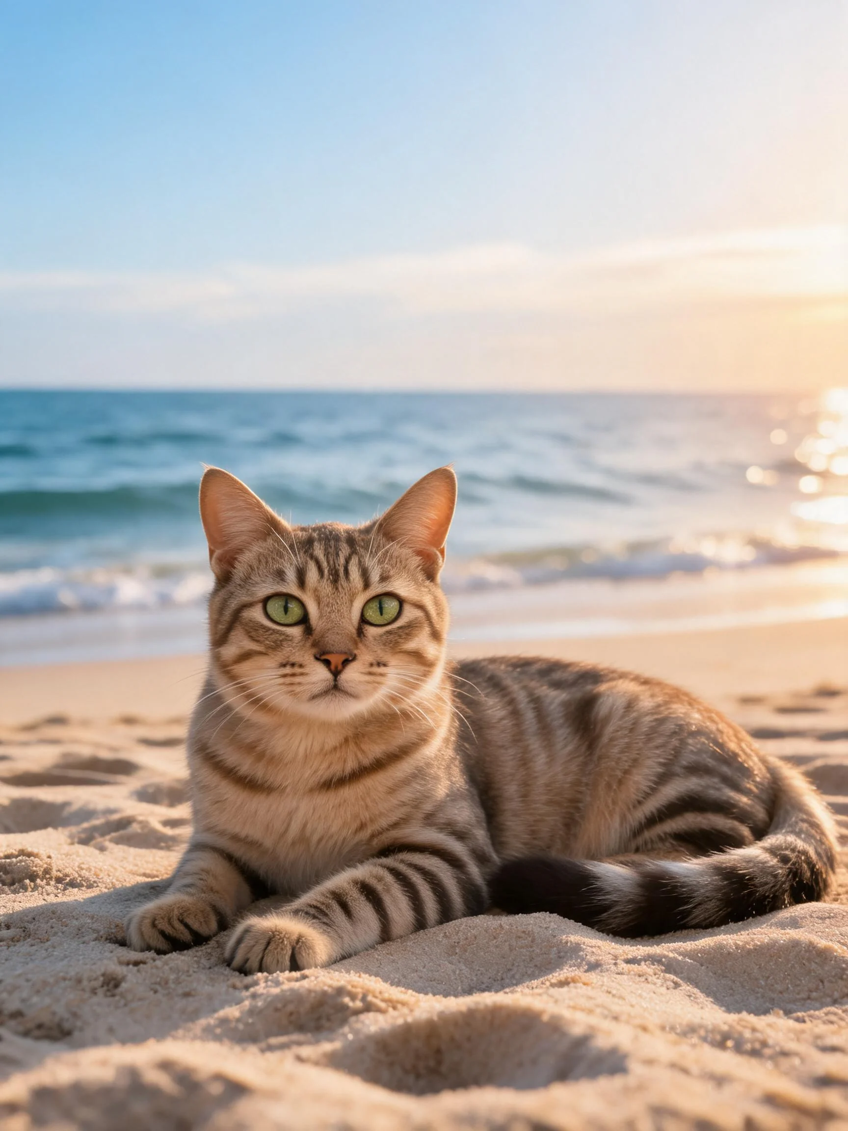 金渐层短毛猫趴在沙滩上,浅棕色带深色条纹的皮毛,绿色眼睛注视前方。