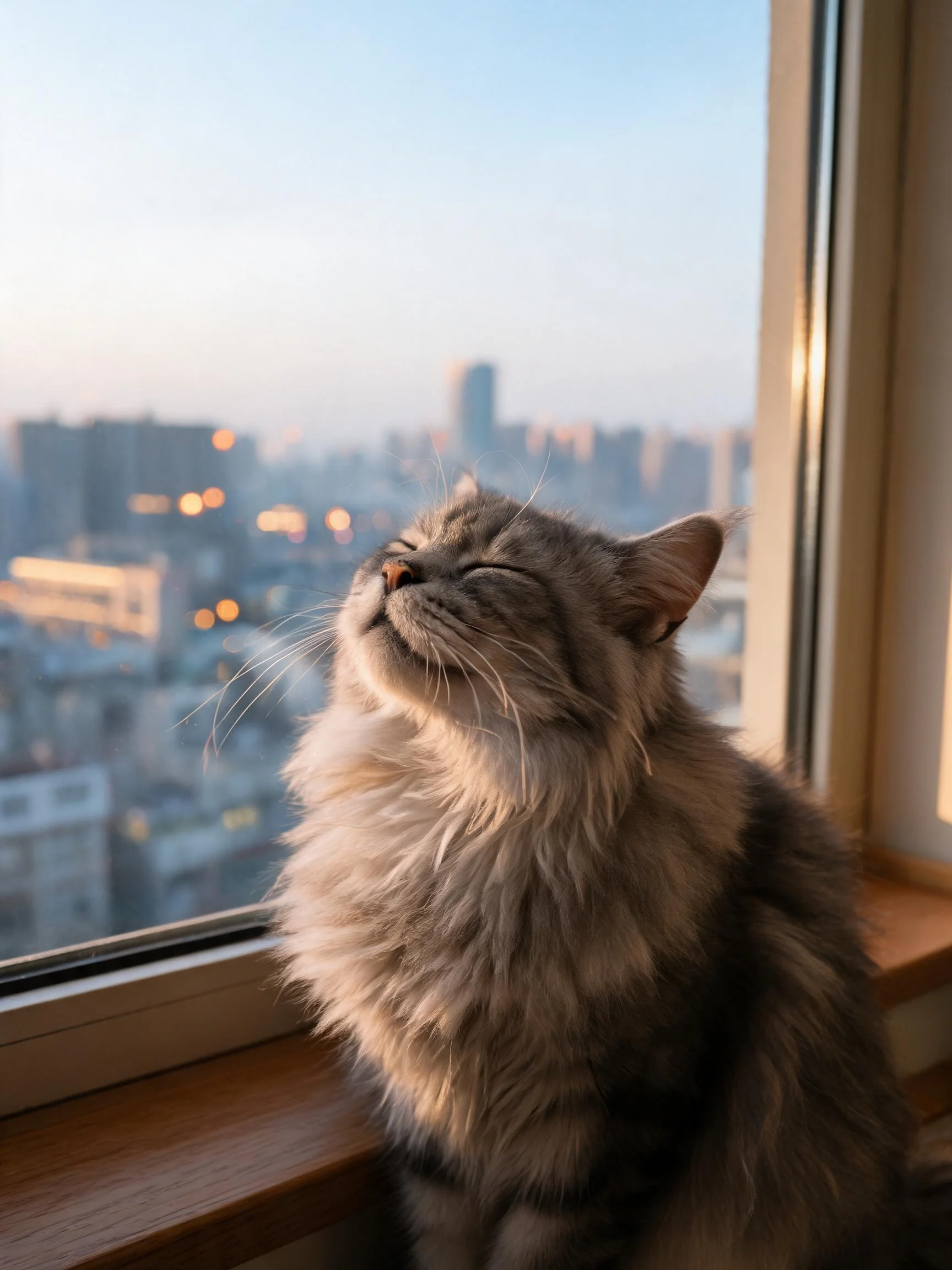 长毛家猫闭着眼沐浴在窗边暖光中,蓬松的灰色长毛清晰可见。