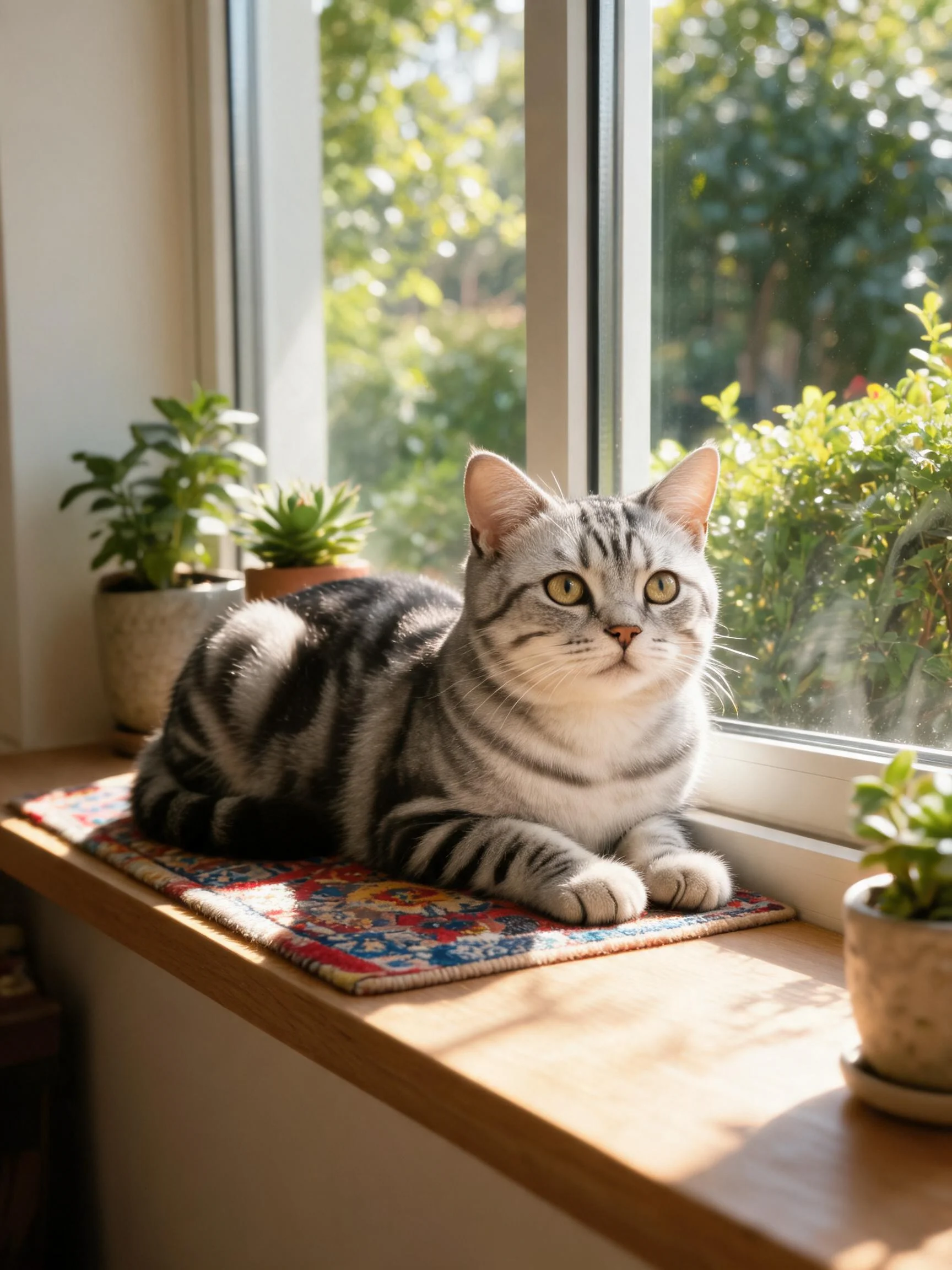 银色虎斑短毛猫趴在窗台地毯上，眼睛明亮，皮毛带有清晰条纹图案。