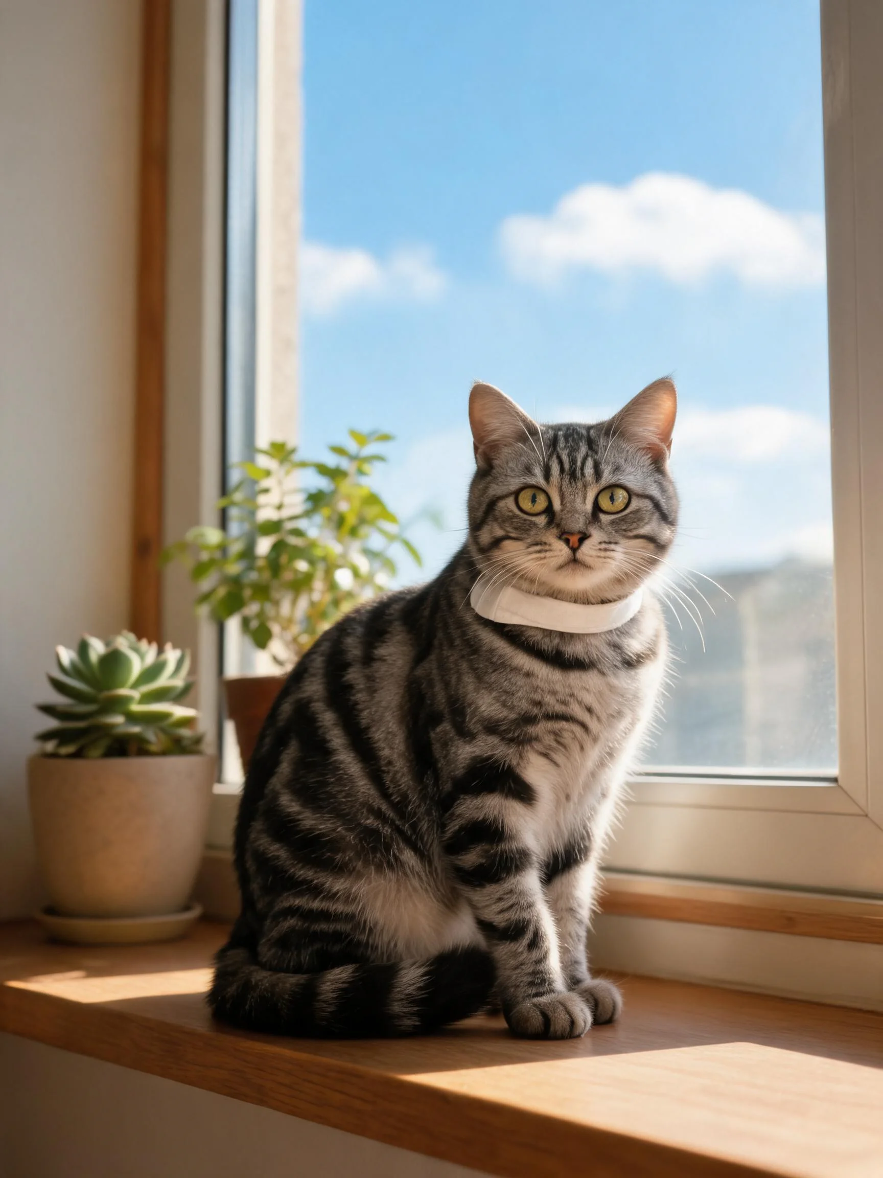 窗台上的银虎斑短毛猫,拥有清晰虎斑纹理,浅黄色眼睛明亮,佩戴白色项圈。