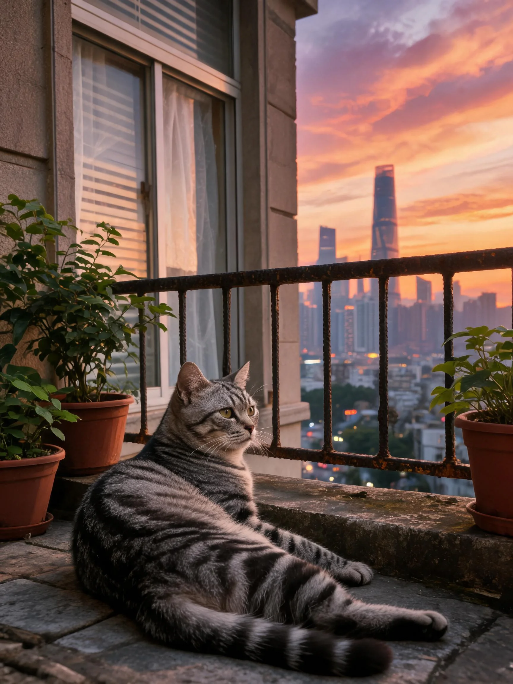 银虎斑短毛猫，身体舒展趴在阳台石板地面上，皮毛有清晰的条纹纹理。