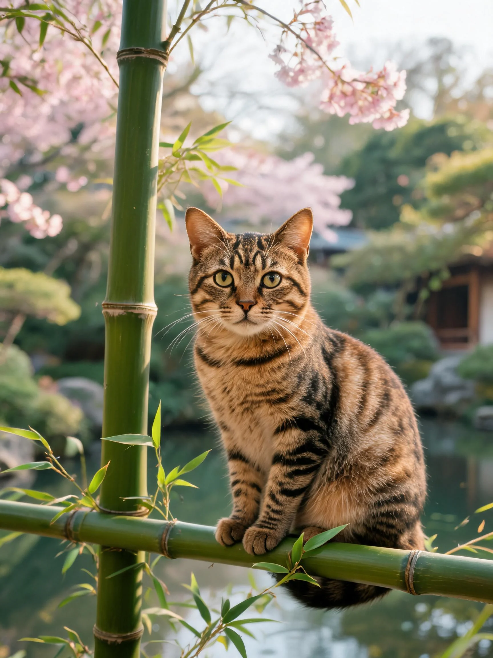 一只玳瑁斑纹短毛猫正安静地坐在竹枝上,金褐相间的皮毛带有黑色条纹,目光直视镜头。