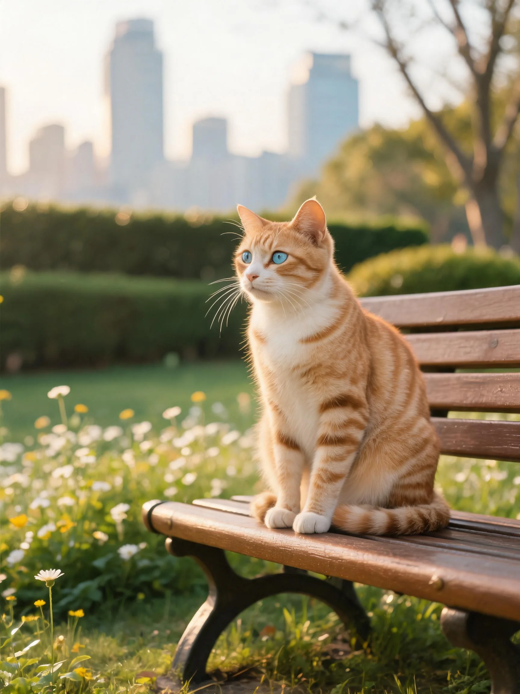 橘色短毛猫有着蓝色的眼睛,毛发柔软地坐在木质长椅上。