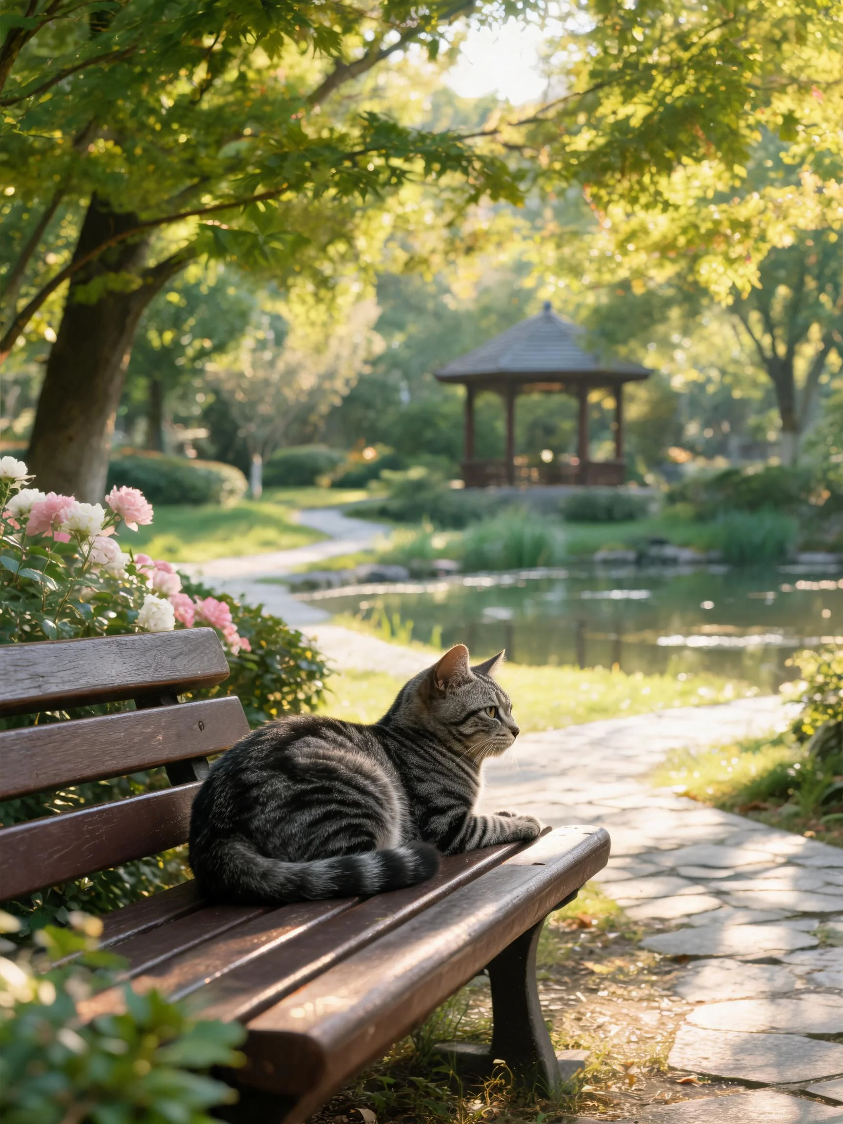 一只短毛虎斑猫,身上有清晰的黑灰色虎斑纹理,正安静地趴在木质长椅上,周围是园林景观与水域。
