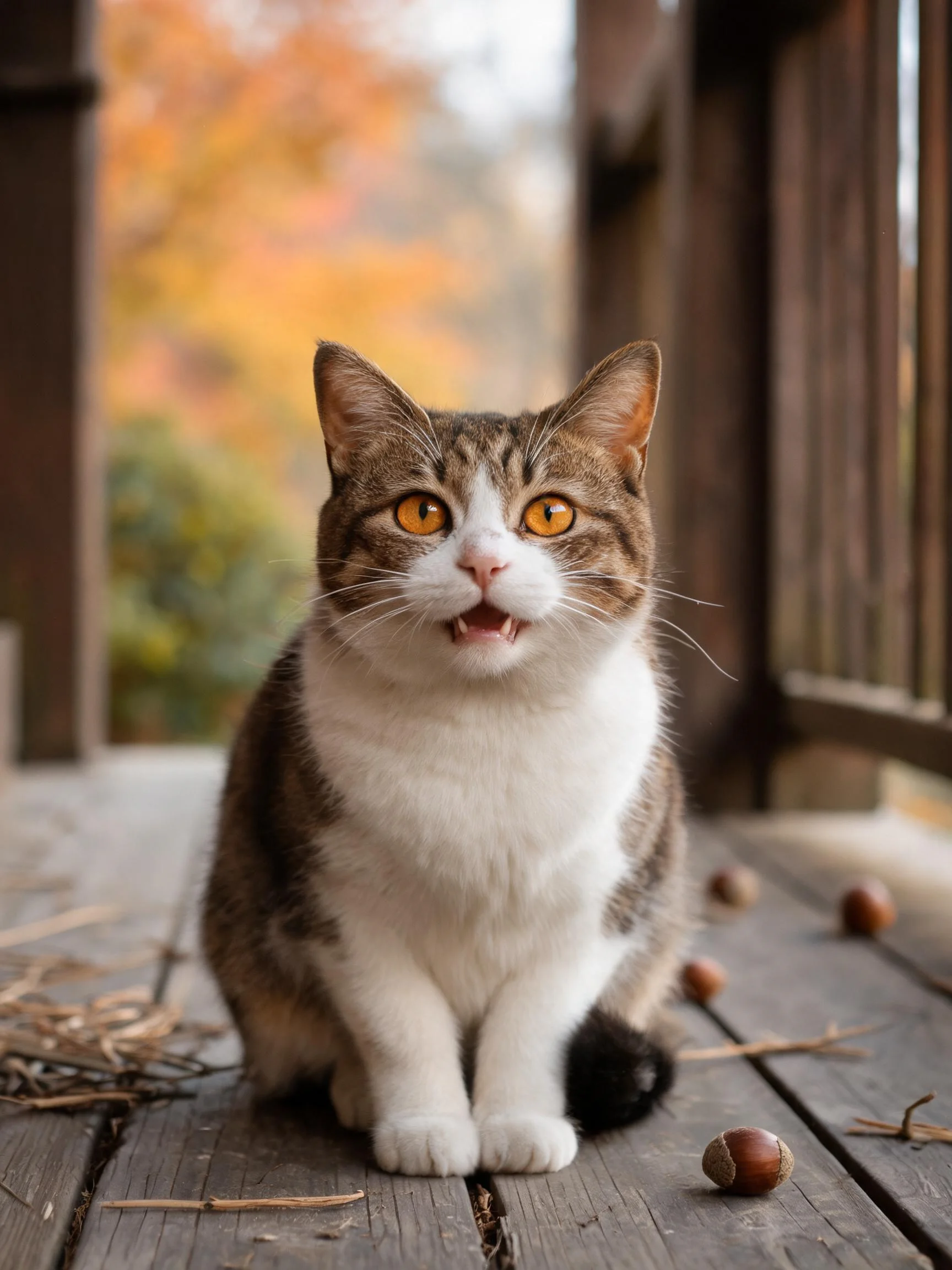 灰褐白相间的短毛家猫正坐在木质平台上,眼睛明亮且嘴巴微张。