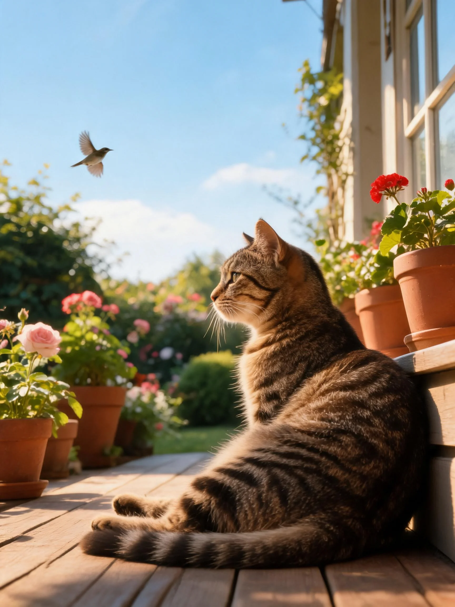 虎斑短毛猫注视着空中飞行的鸟类,身上清晰的虎斑花纹与周围的花卉形成鲜明对比。