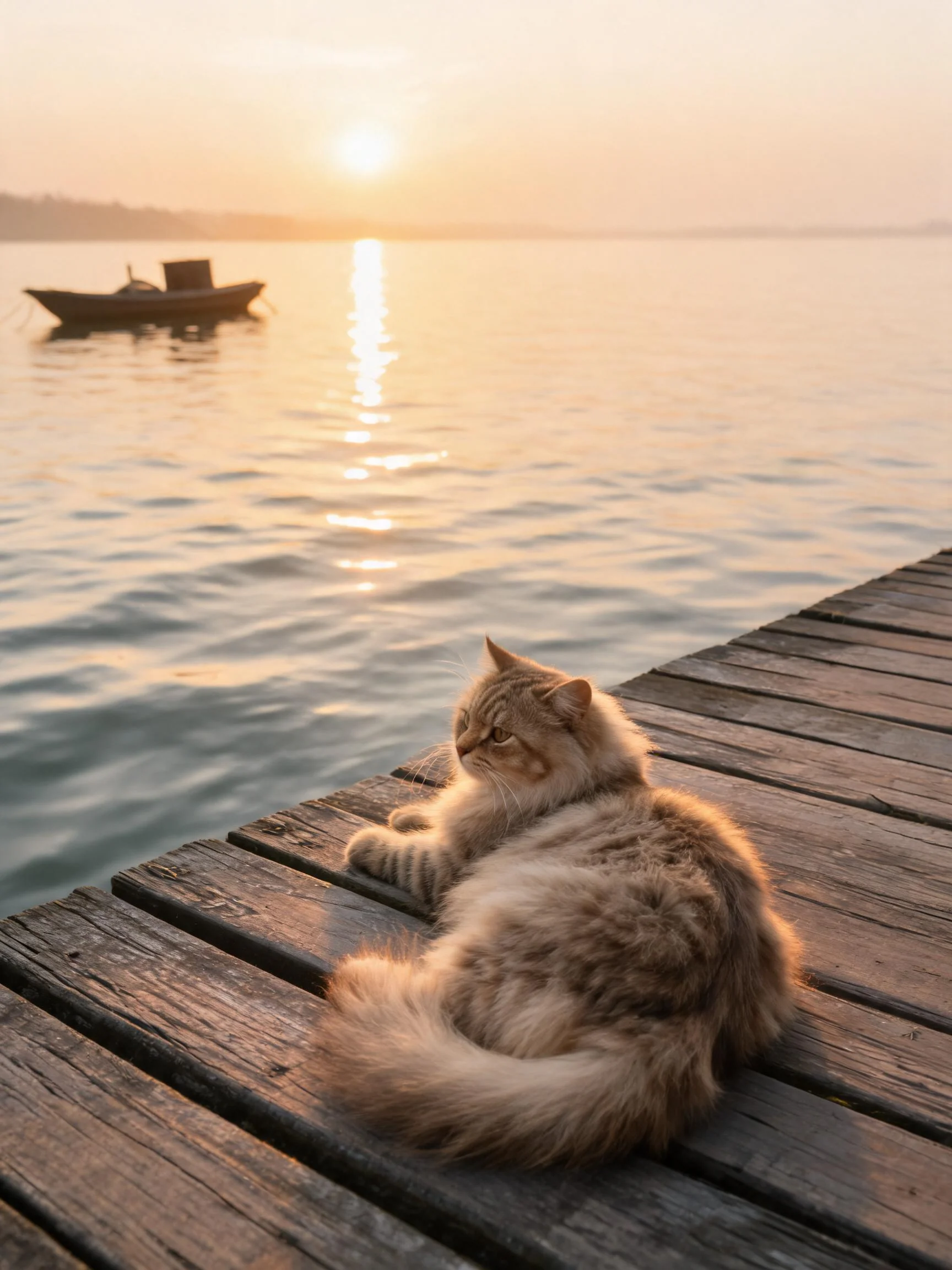一只长毛橘猫毛发蓬松地趴在木质码头上,目光投向远方的水面。